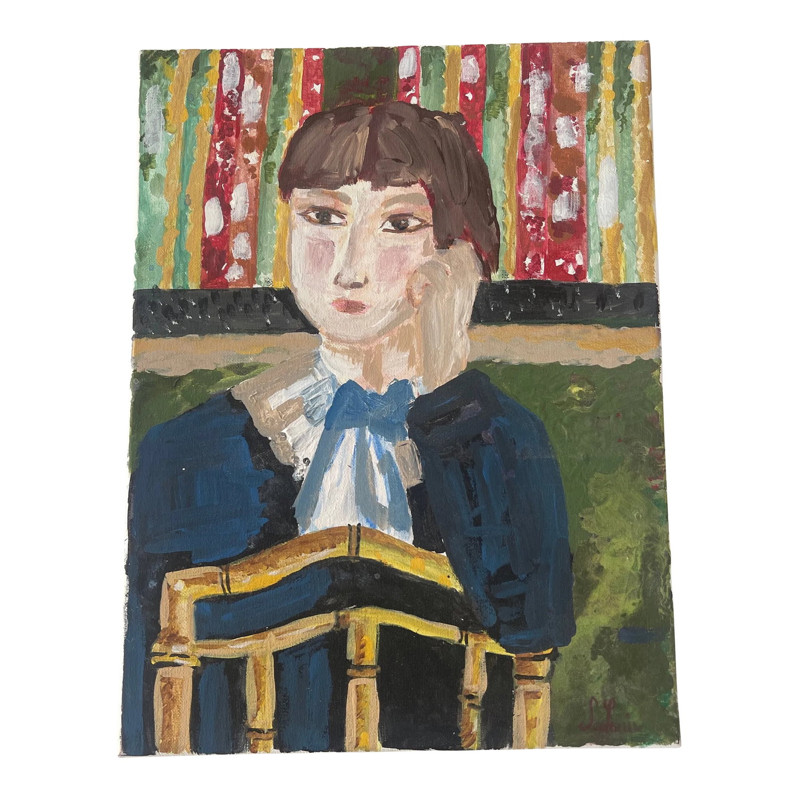 Contemporary Expressionist Painting of a Young Girl Sitting on a Chair Signed S Louis France: Painting young girl on the chair S Louis France Acrylic painting on canvas. A dark-haired young girl leaning on the back of a chair. A big blue ribbon on his wide white collar, a multicolored