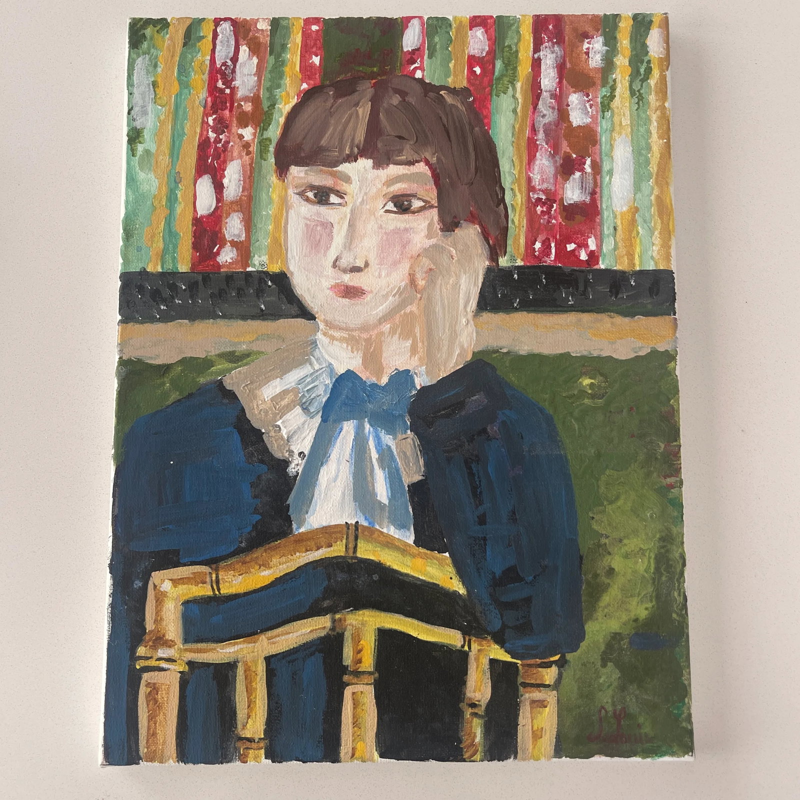 Contemporary Expressionist Painting of a Young Girl Sitting on a Chair Signed S Louis France - 2