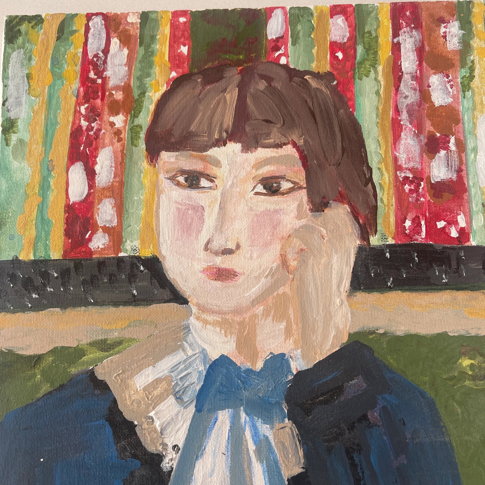 Contemporary Expressionist Painting of a Young Girl Sitting on a Chair Signed S Louis France - 4