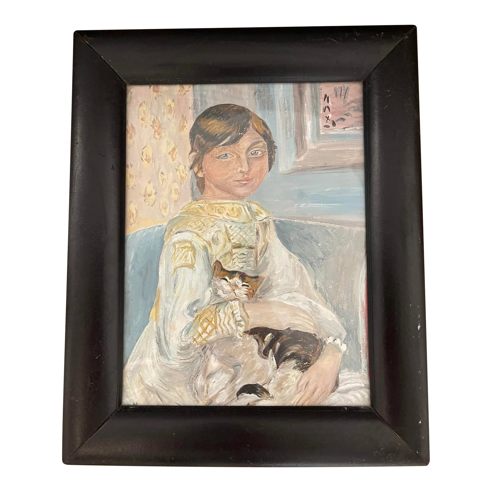Painting Young Girl and Her Cat Indoors Signed Dated 1962: Delicate painting signed and dated 1962 on paper representing a young girl and her cat in an interior. The pastel colors and precise details make it a refined work. The complicity of the two