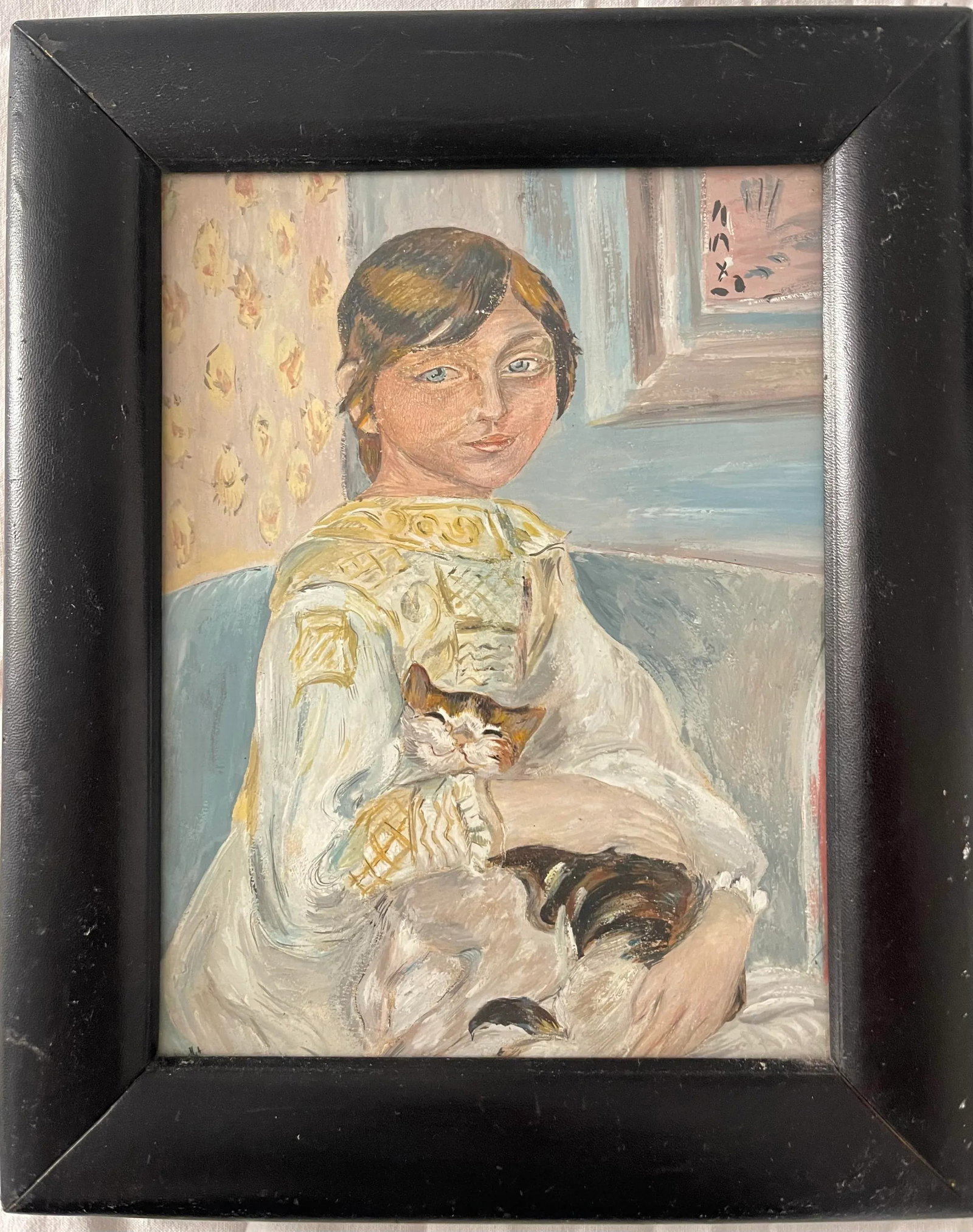 Painting Young Girl and Her Cat Indoors Signed Dated 1962 - 2