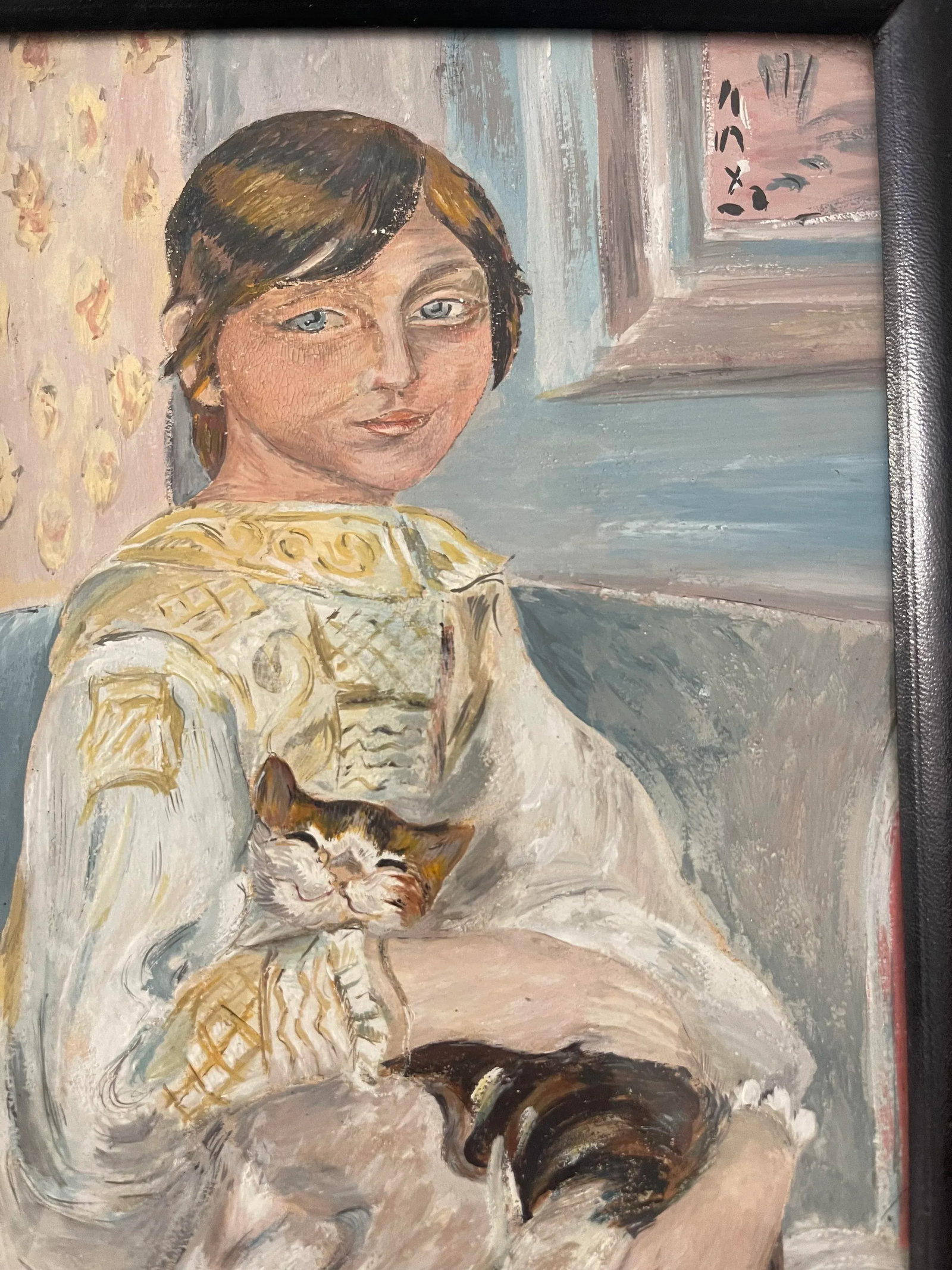 Painting Young Girl and Her Cat Indoors Signed Dated 1962 - 3