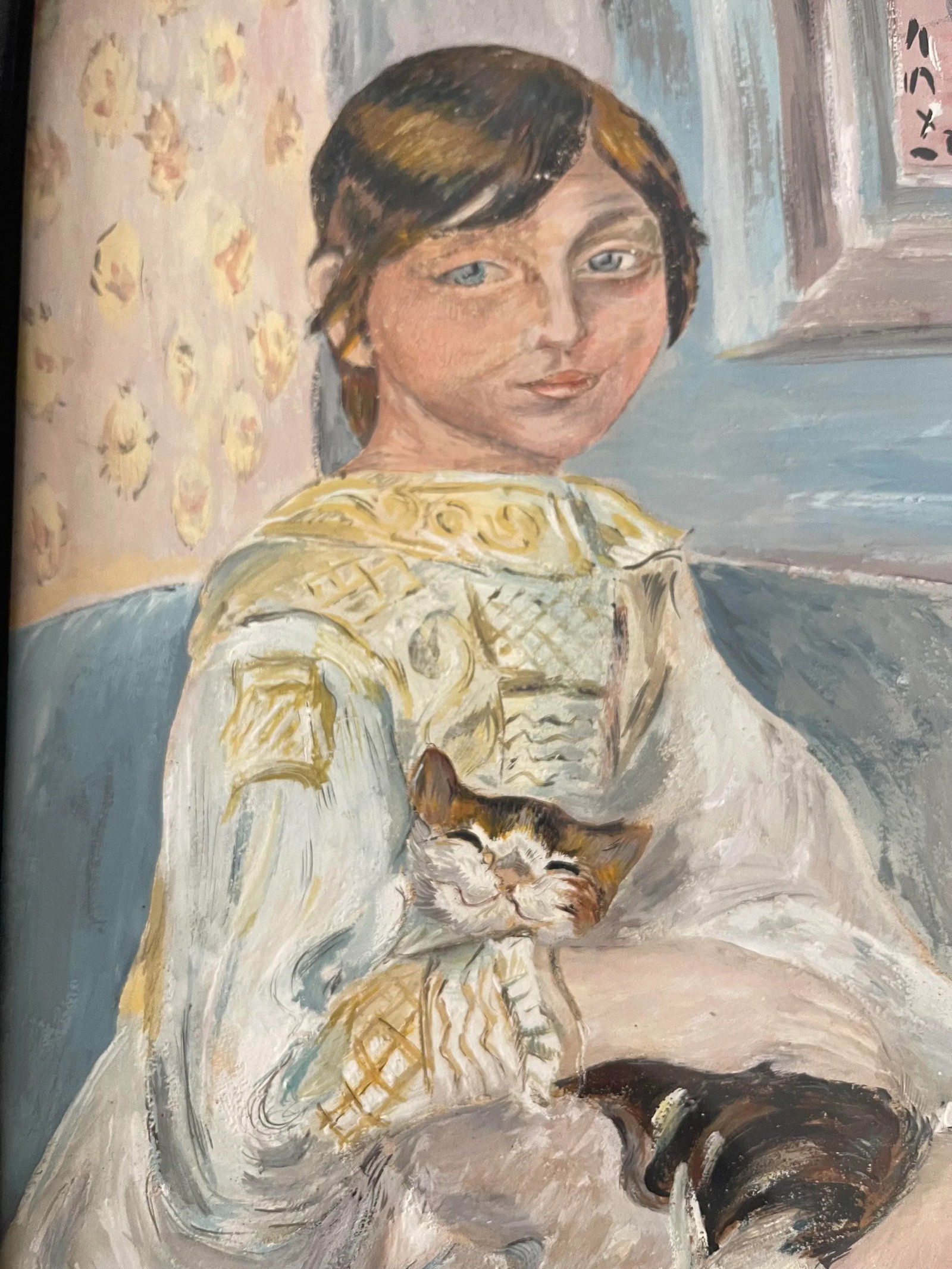 Painting Young Girl and Her Cat Indoors Signed Dated 1962 - 4