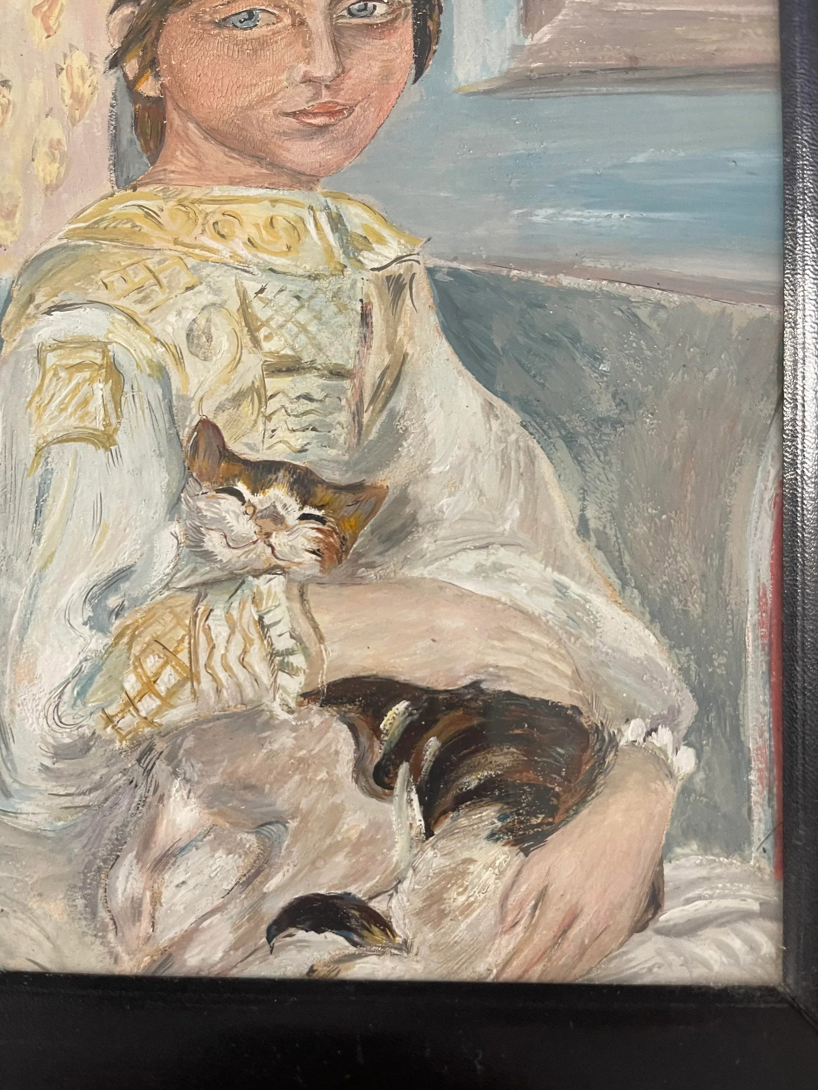 Painting Young Girl and Her Cat Indoors Signed Dated 1962 - 6