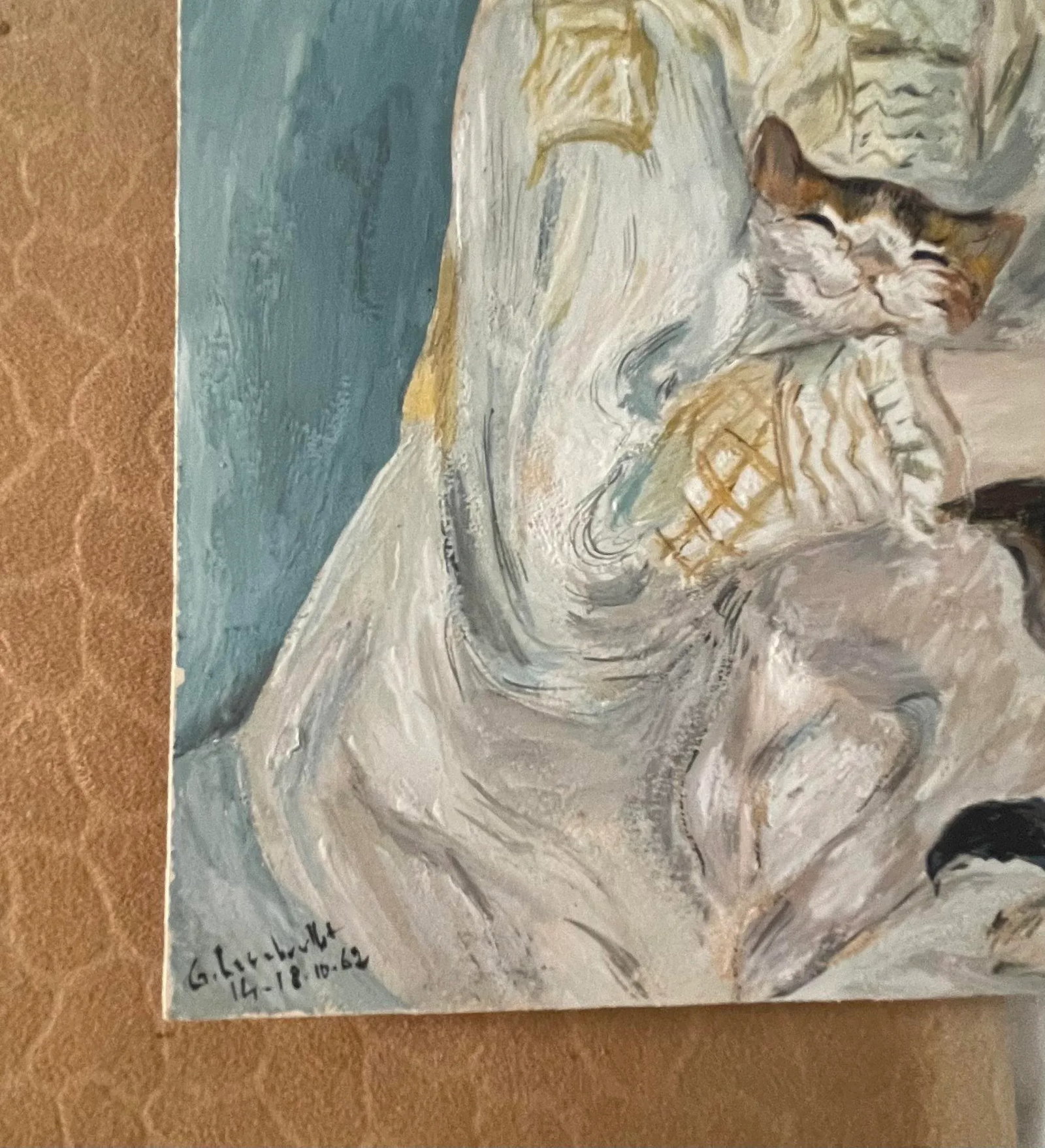 Painting Young Girl and Her Cat Indoors Signed Dated 1962 - 7