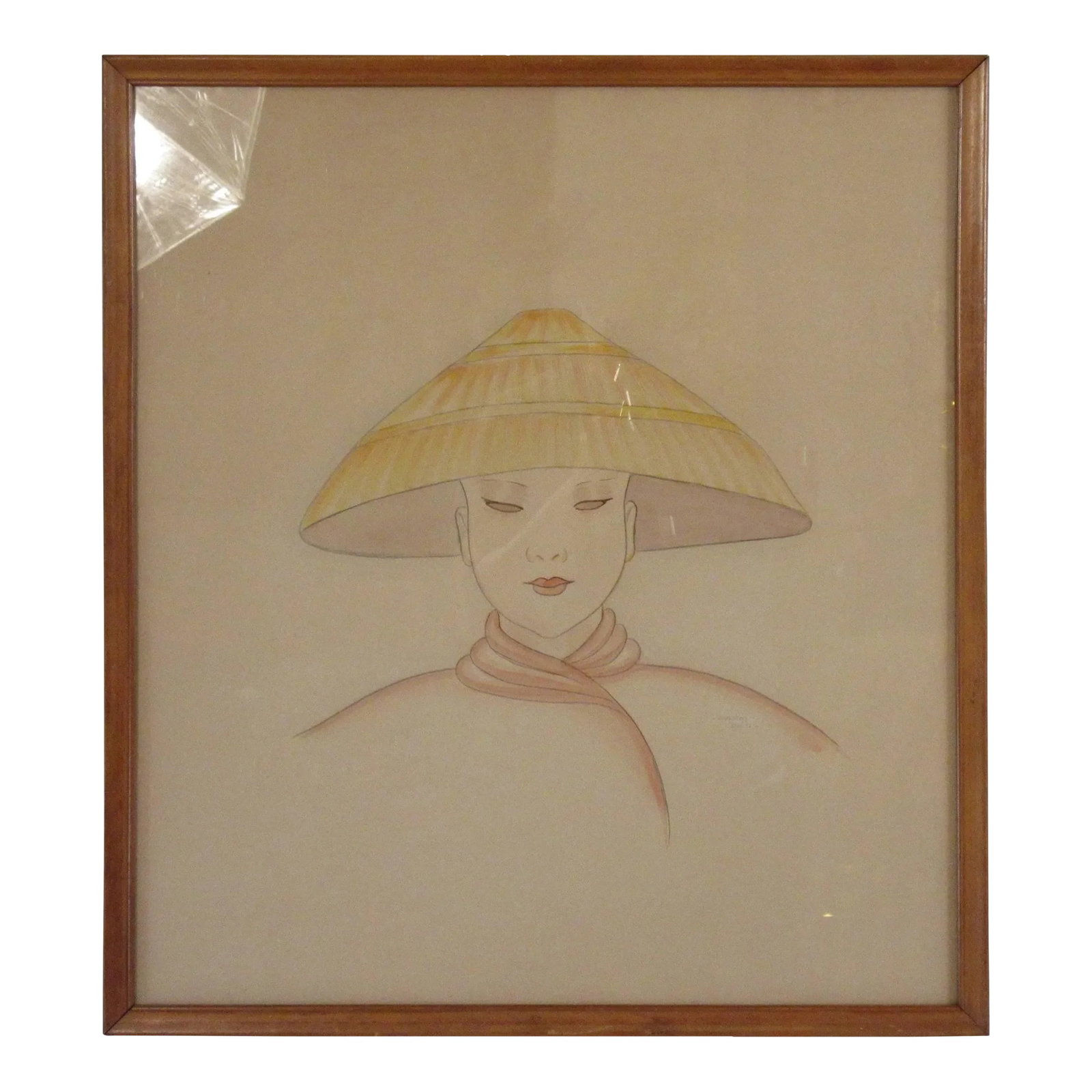 1940s Watercolor Painting On Paper Of Asian Woman Wearing Hat Signed Dorothy Dwin: 1940s Watercolor Painting On Paper Of Asian Woman Wearing Hat Wearing a Non La (traditional Vietnamese hat) Signed Dorothy Dwin Illustration Condition: Alterations: Unknown Imperfections: Some Imperfe