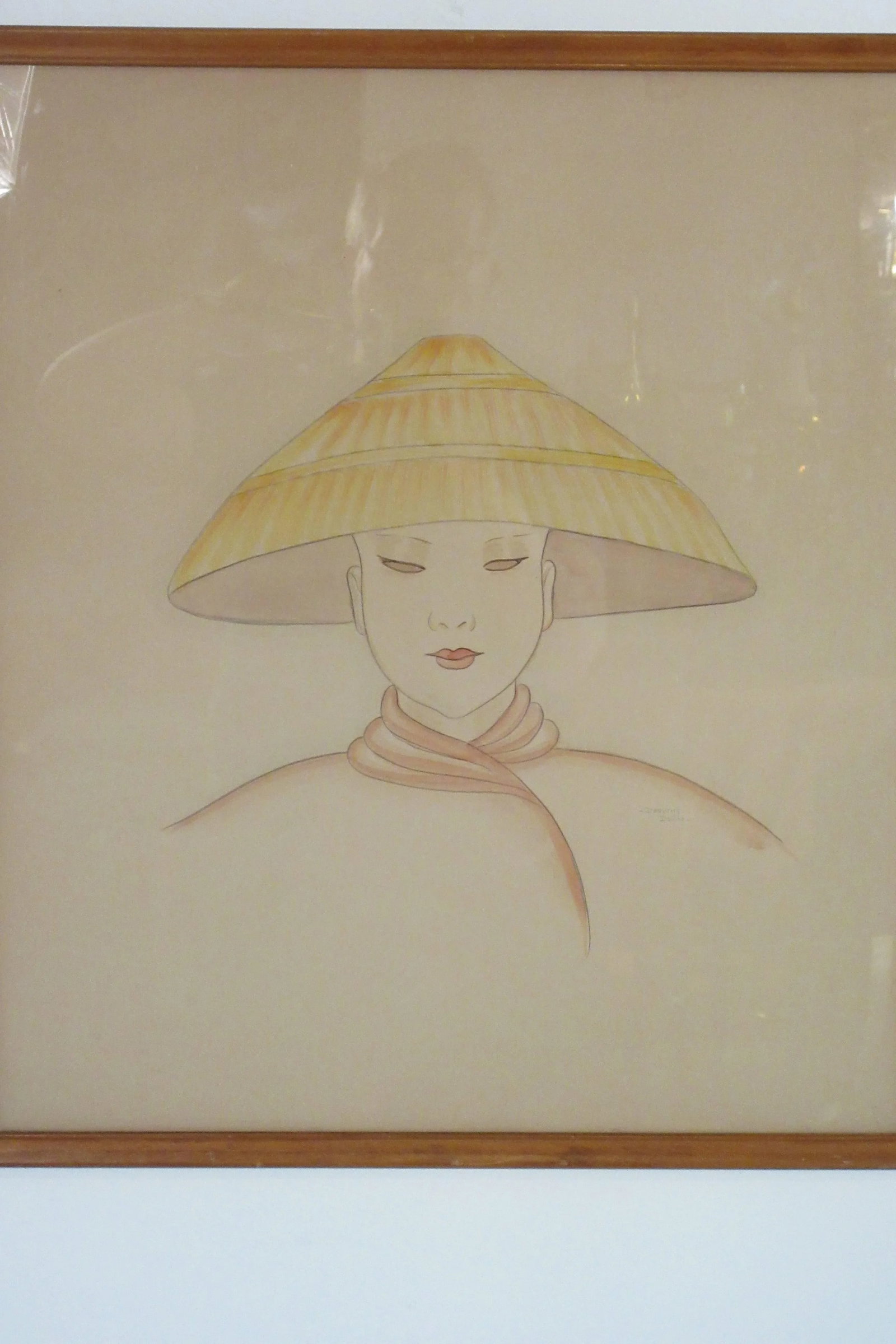 1940s Watercolor Painting On Paper Of Asian Woman Wearing Hat Signed Dorothy Dwin - 2