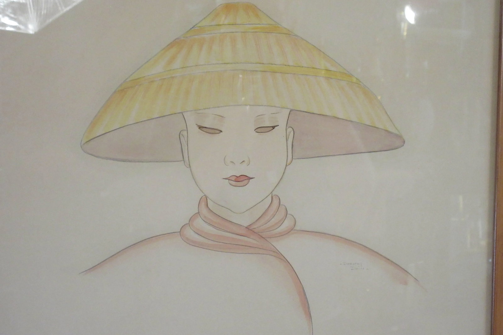 1940s Watercolor Painting On Paper Of Asian Woman Wearing Hat Signed Dorothy Dwin - 3