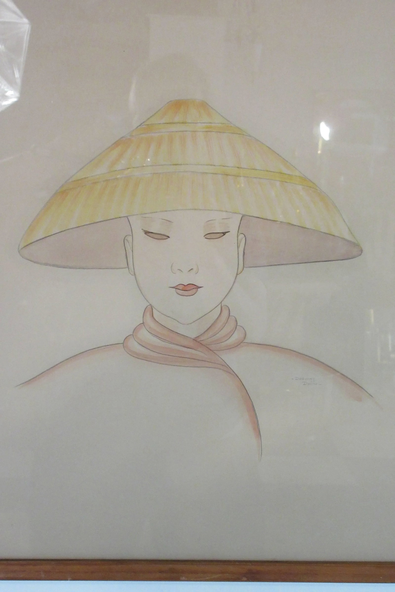 1940s Watercolor Painting On Paper Of Asian Woman Wearing Hat Signed Dorothy Dwin - 4