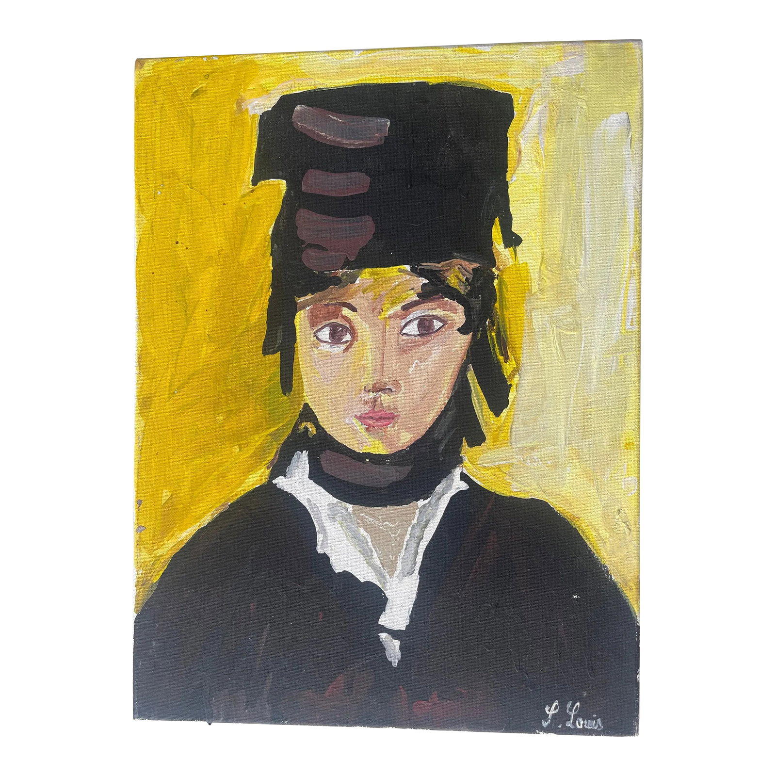 Contemporary Expressionist Painting of a Young Girl in a Black Hat Signed S Louis: Painting young girl in a black hat signed S Louis A young girl with luminous eyes dressed in black, a white blouse and a high black hat on a yellow background, signed S Louis. Decorative in a modern