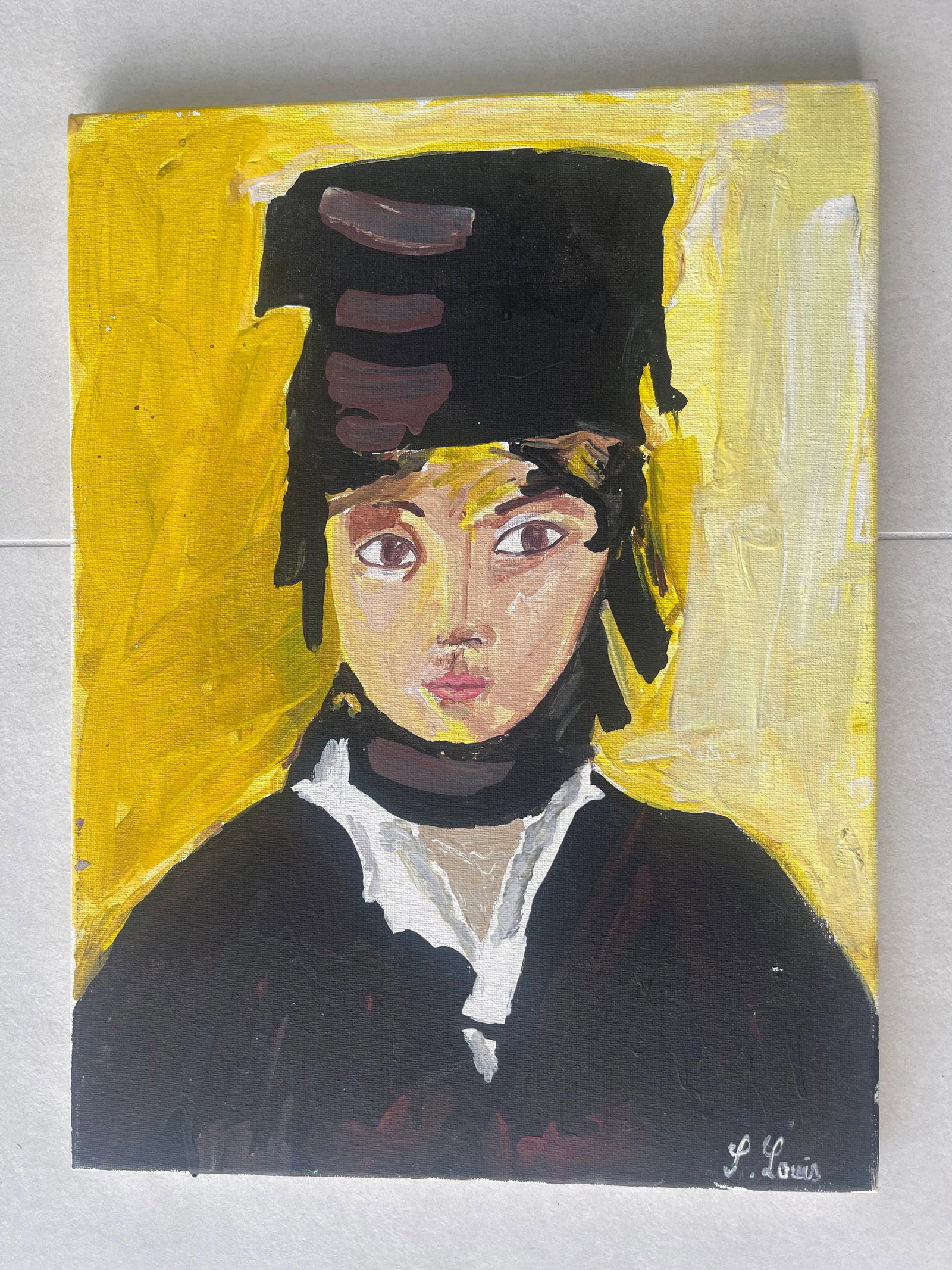 Contemporary Expressionist Painting of a Young Girl in a Black Hat Signed S Louis - 2