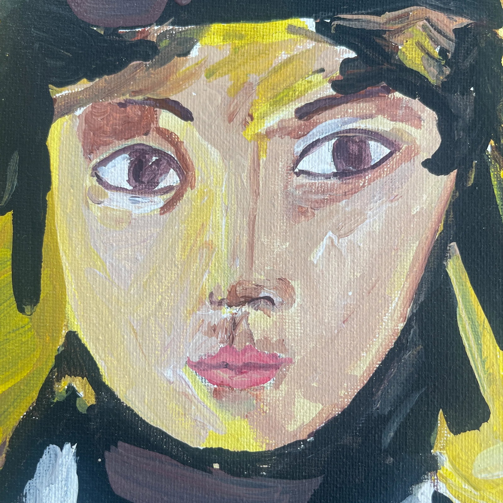 Contemporary Expressionist Painting of a Young Girl in a Black Hat Signed S Louis - 4