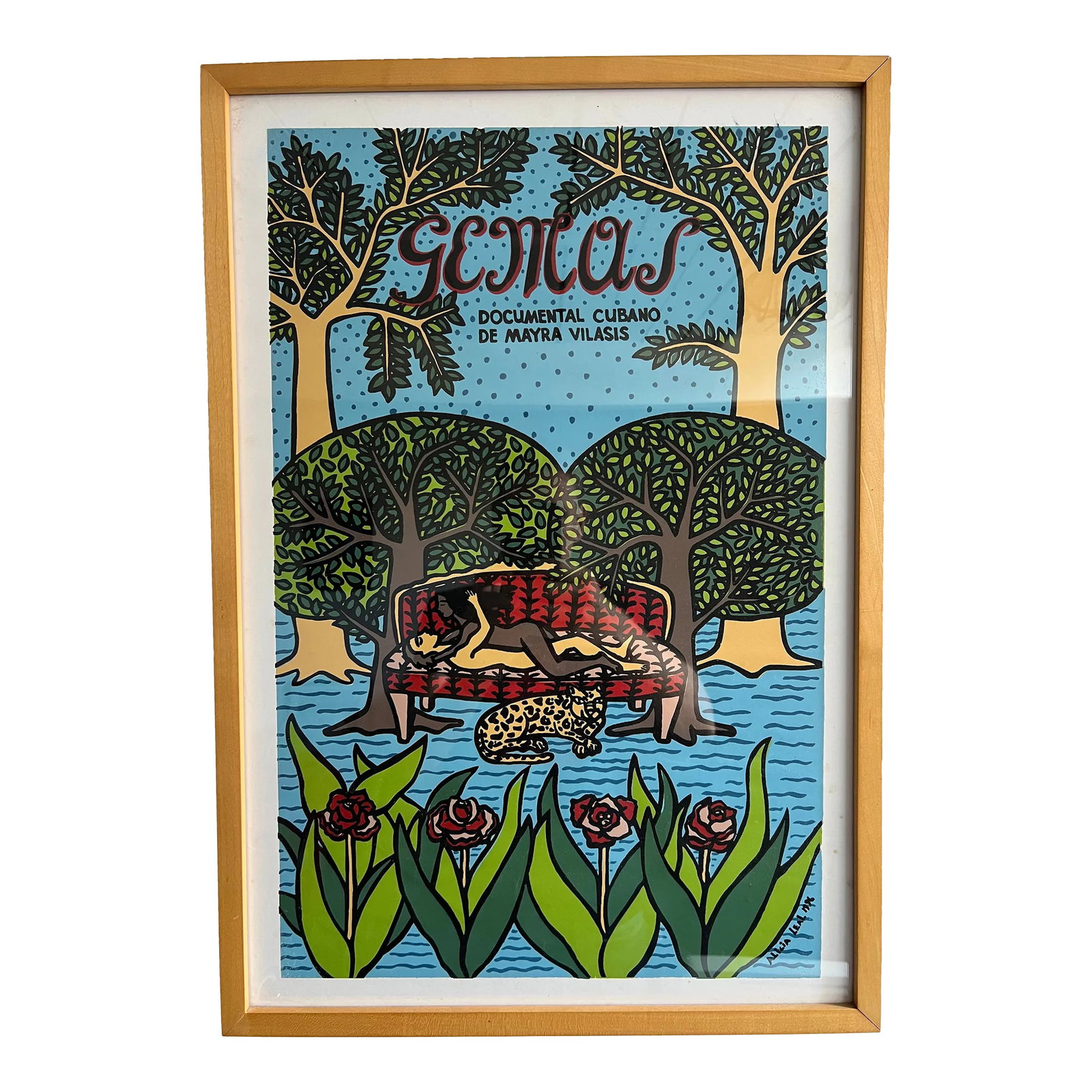 1990s Cuban Film Poster for "Gemas" (Framed): Framed Cuban Film Poster by Alicia Leal for the documentary Gemas by Mayra Vilasis. Condition: Alterations: Original Condition Unaltered Imperfections: Some Imperfections Condition Notes: 4 small