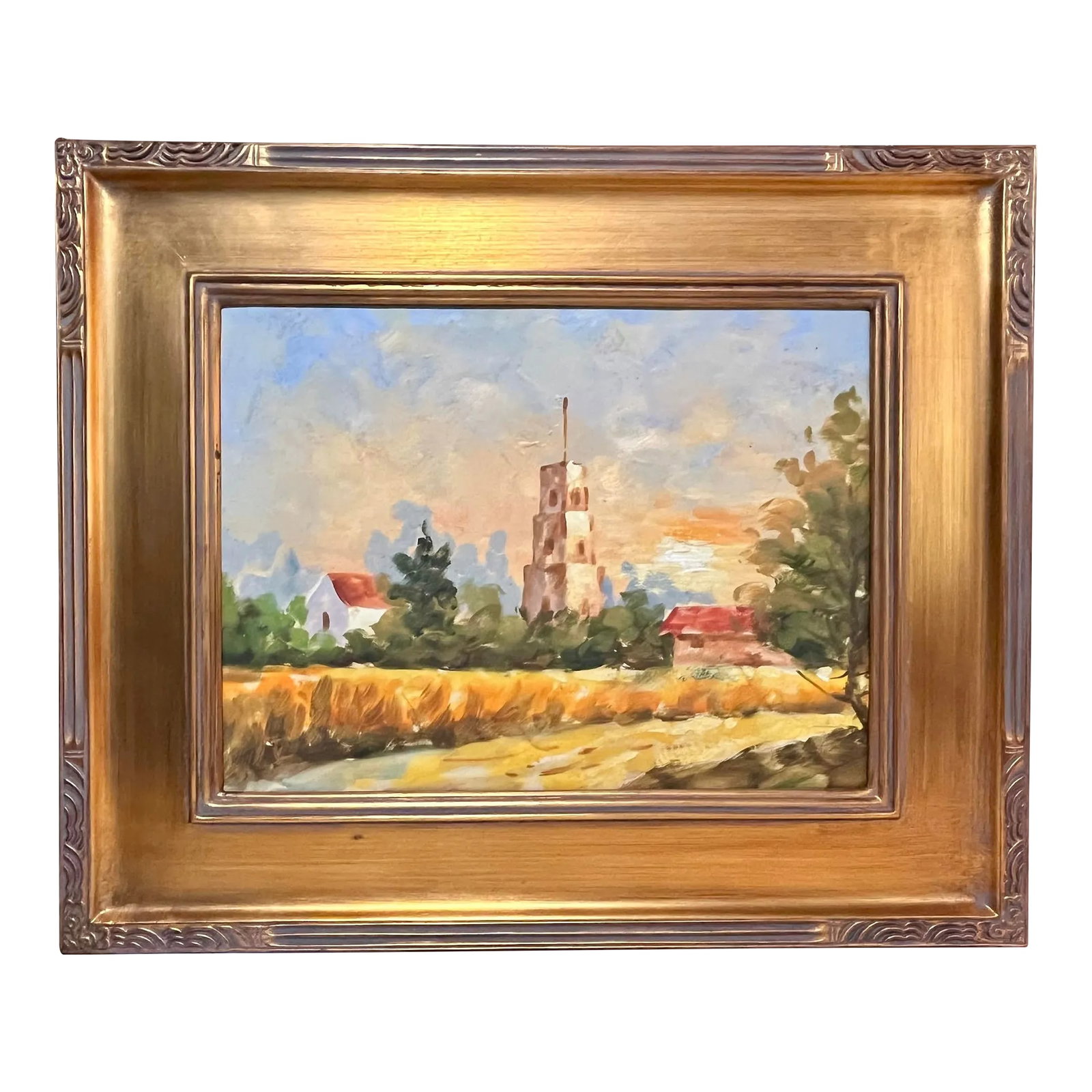 Vintage French Impressionist Landscape Painting With Monastery Winery: A vintage unsigned impressionist painting of a landscape with a Monastery Winery. Oil on canvas measuring 12 x 16" presented in a quality contemporary gallery frame overall size 18.5" x 24.5".