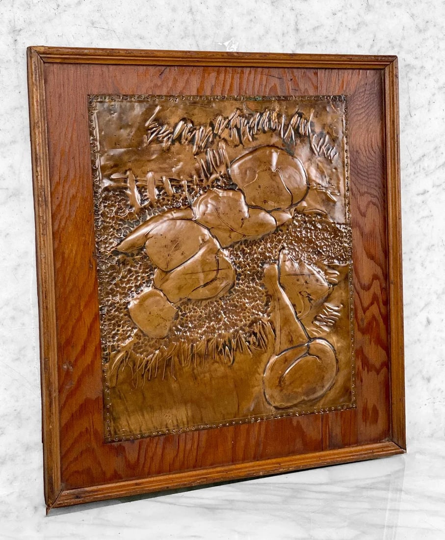 Antique Arts & Crafts Copper Metal Art Sleeping Child Sculpture Plaque - 2