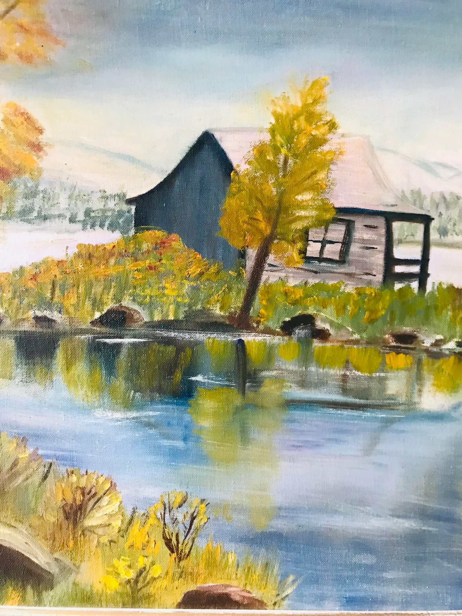 Vintage Cottage-Core Cabin on a Lake Oil Painting - Framed - 2