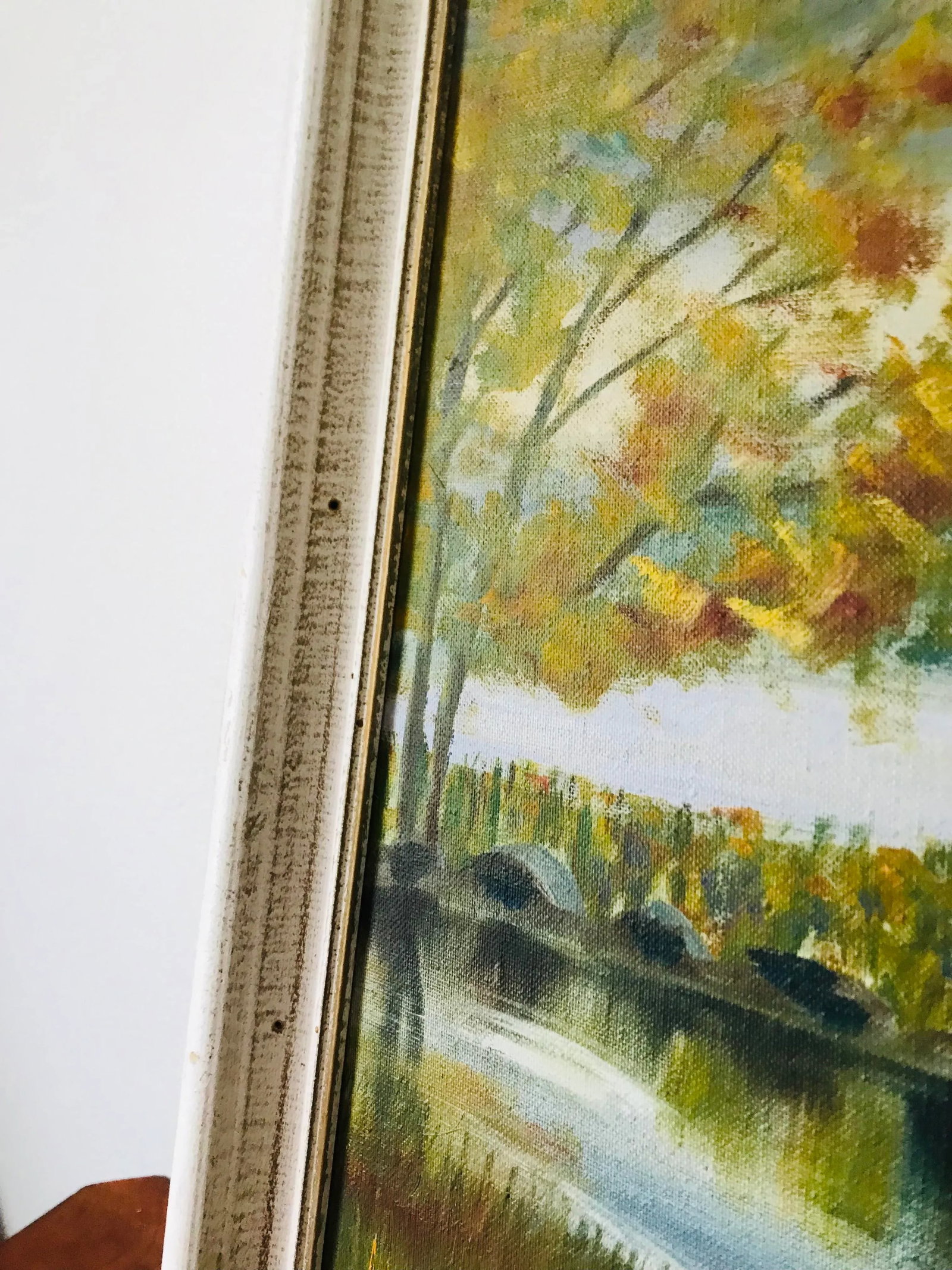 Vintage Cottage-Core Cabin on a Lake Oil Painting - Framed - 4