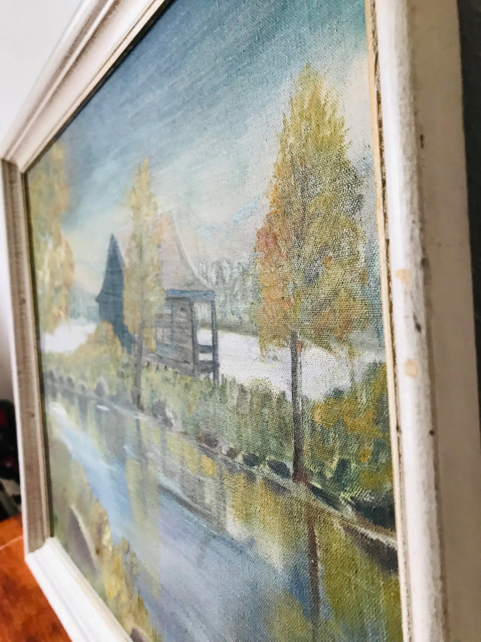 Vintage Cottage-Core Cabin on a Lake Oil Painting - Framed - 6