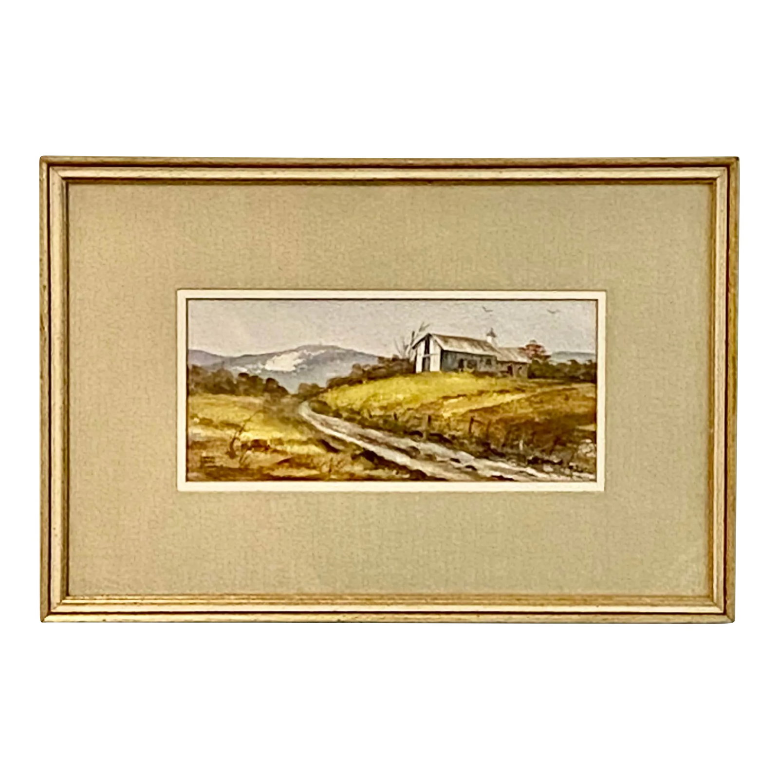 1970s American Watercolor Rural Pastoral Landscape Signed Dora Reed Evans: This signed original watercolor by American artist Dora Reed Evans captures a quiet rural landscape rendered in soft, layered washes typical of mid-century and 1970s contemporary watercolor work.
