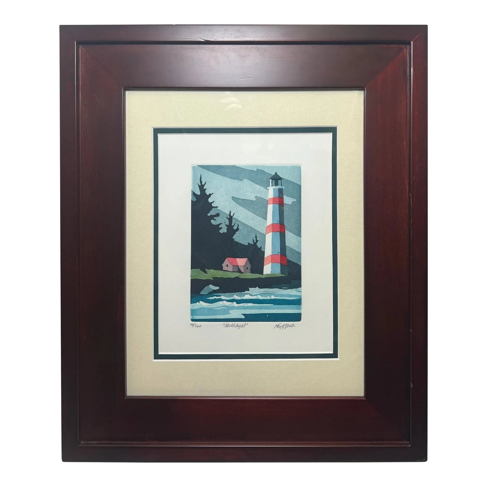 Late 20th Century Lighthouse Lithograph, Signed and Numbered by Ken Hawk: Kenneth Hawk, American (1942-2000) Lithograph titled "North Light". Bold color strokes and vibrant colors. Coastal shoreline with red roofed cabin next to striped lighthouse. The foreground is filled