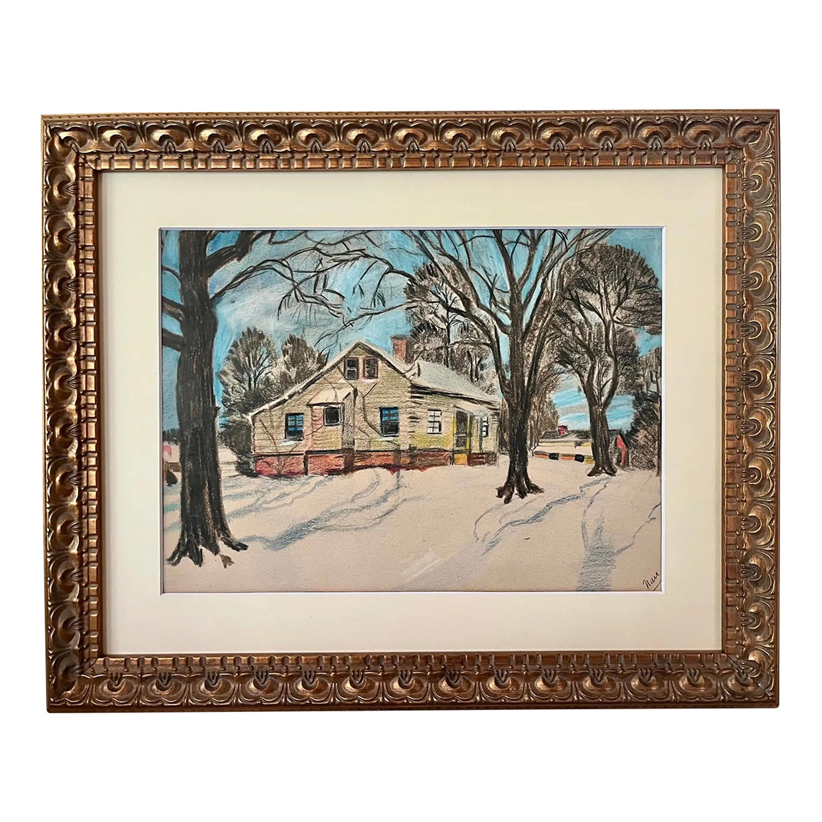 A Vintage American Pastel Drawing of a Cabin in the Woods Signed. (1 of 7)