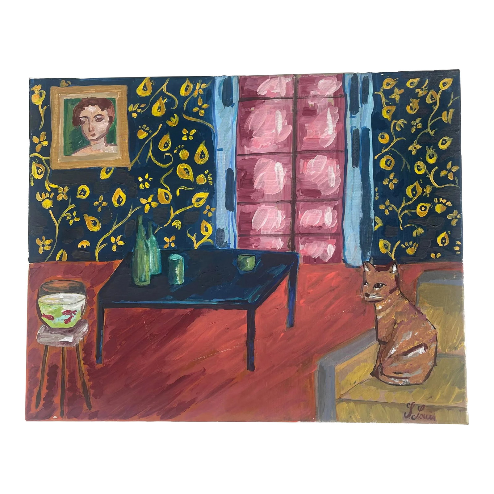 Acrylic Painting of an Interior Scene with Cat and Goldfish Signed S Louis: Painting the cat and the goldfish in the acrylic room signed S Louis A cat on a couch seems to be contemplating goldfish in a bowl. The room is dressed in dark blue floral wallpaper and a framed
