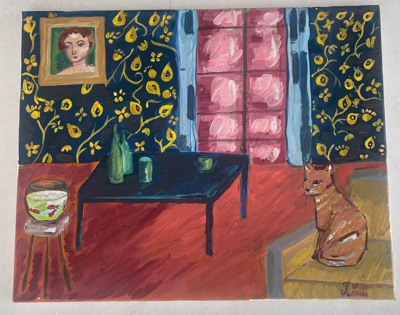 Acrylic Painting of an Interior Scene with Cat and Goldfish Signed S Louis - 2