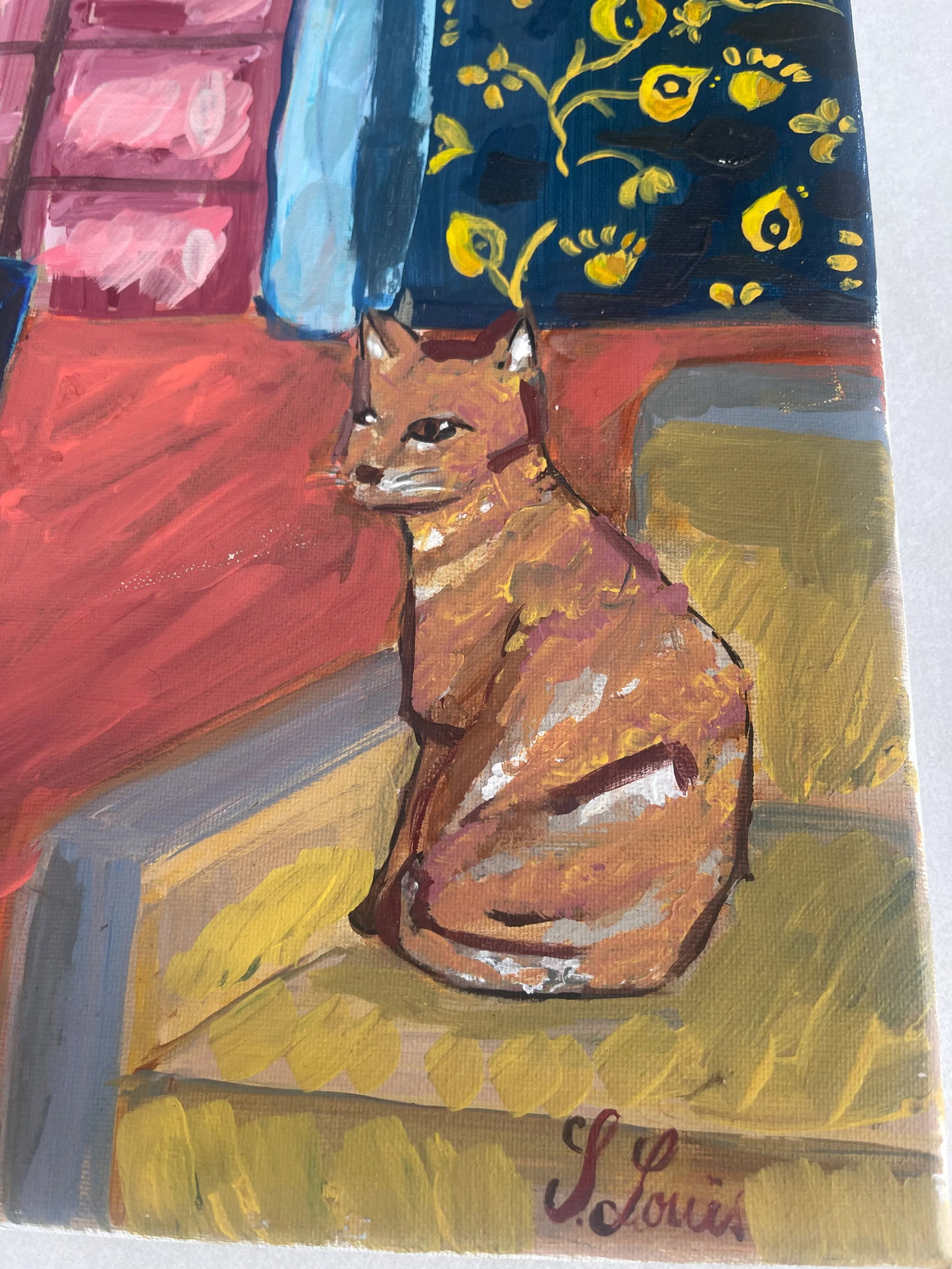 Acrylic Painting of an Interior Scene with Cat and Goldfish Signed S Louis - 3