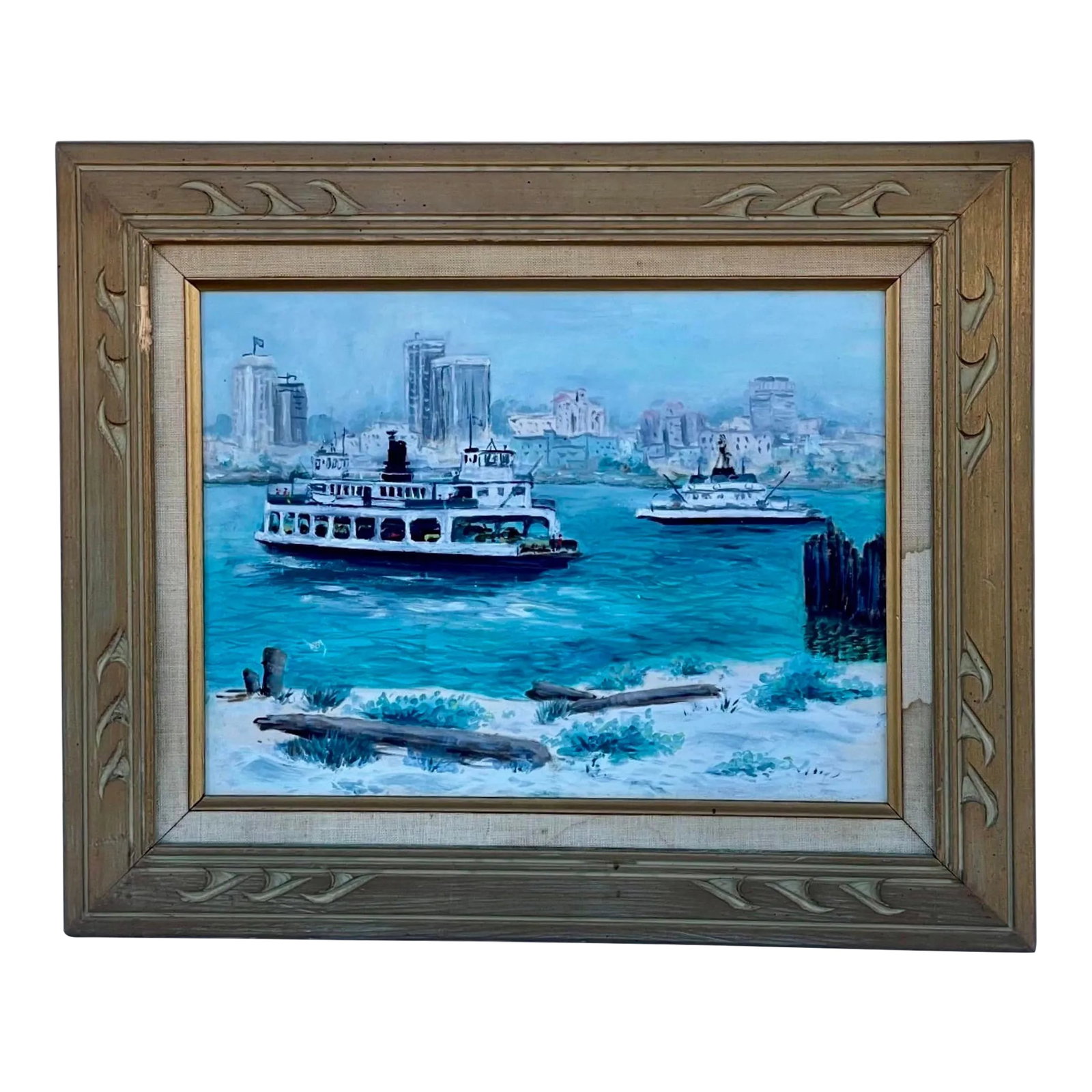 Mid-Century San Diego Waterfront Oil Painting of Coronado Ferryboat, Signed & Framed: This mid-20th-century oil painting titled Ferryboat depicts the Coronado, San Diego waterfront with an impressionist-style view of the historic ferry service crossing San Diego Bay. Painted in oil on