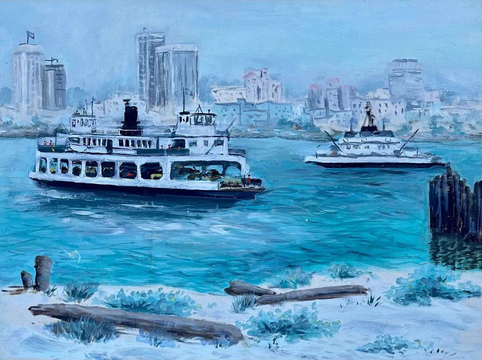 Mid-Century San Diego Waterfront Oil Painting of Coronado Ferryboat, Signed & Framed - 4