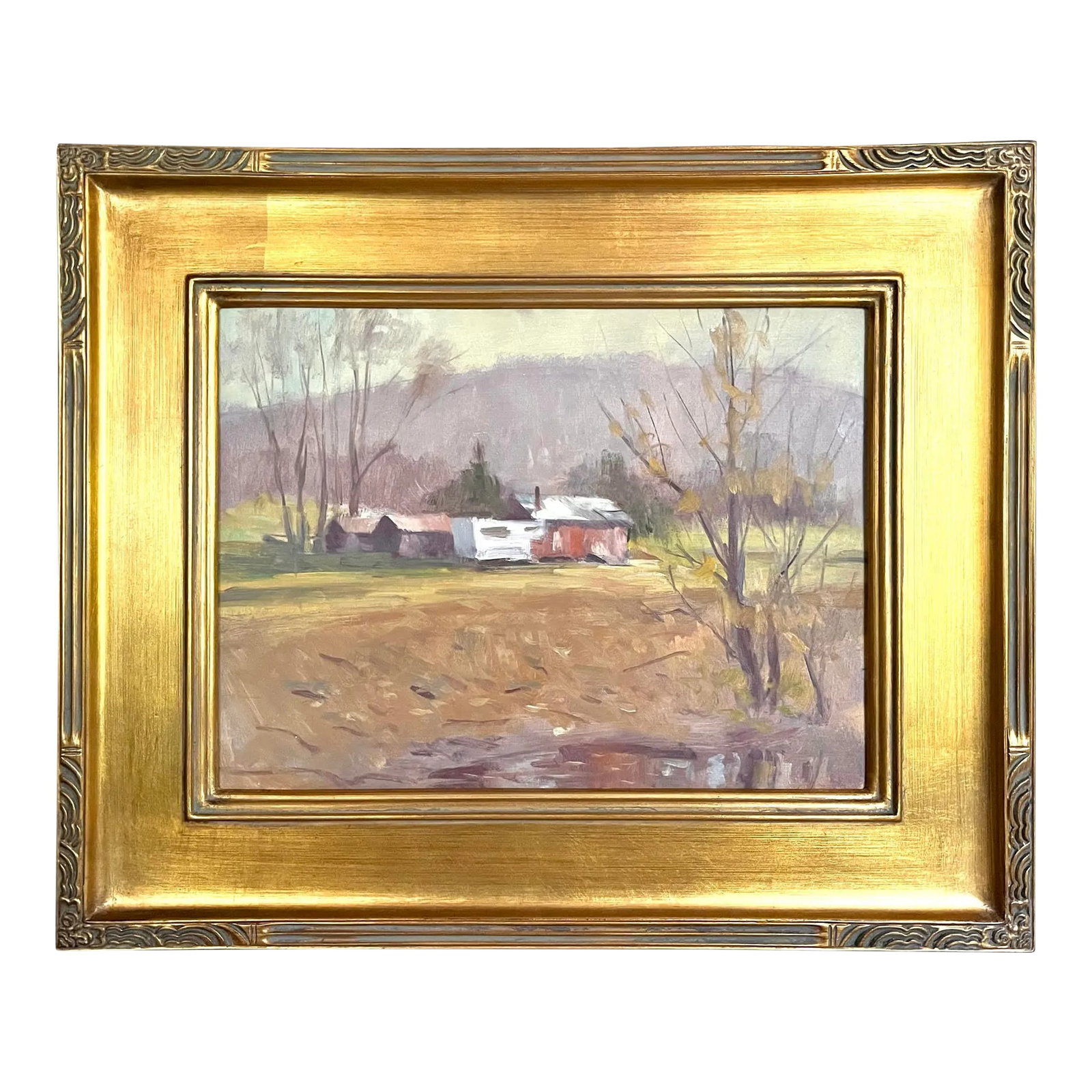 Vintage American Impressionist Oil Painting Vermont Homestead Landscape by Harry Barton: Vintage American impressionist Landscape oil painting of a Vermont Homestead by Harry Barton oil on 12 x 16" panel signed with the artists estate stamp on verso presented framed in a quality contempor