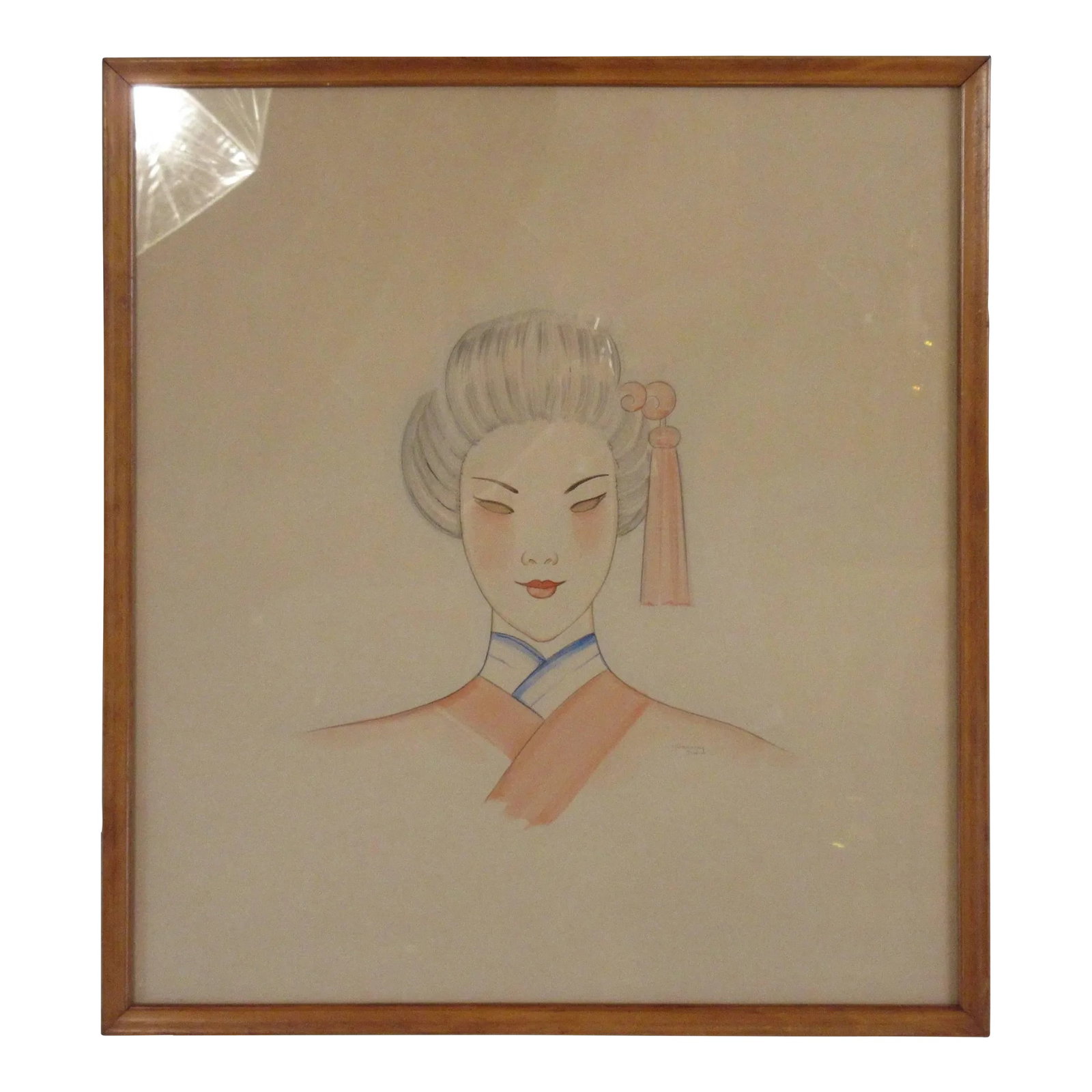 1940s Pastel Painting On Paper Of Asian Woman Signed Dorothy Dwin: 1940s Pastel Painting On Paper Of Asian Woman Signed Dorothy Dwin Illustration Wood Frame and glass Colors: pink, blue, white Condition: Alterations: Unknown Imperfections: Some Imperfections Conditio