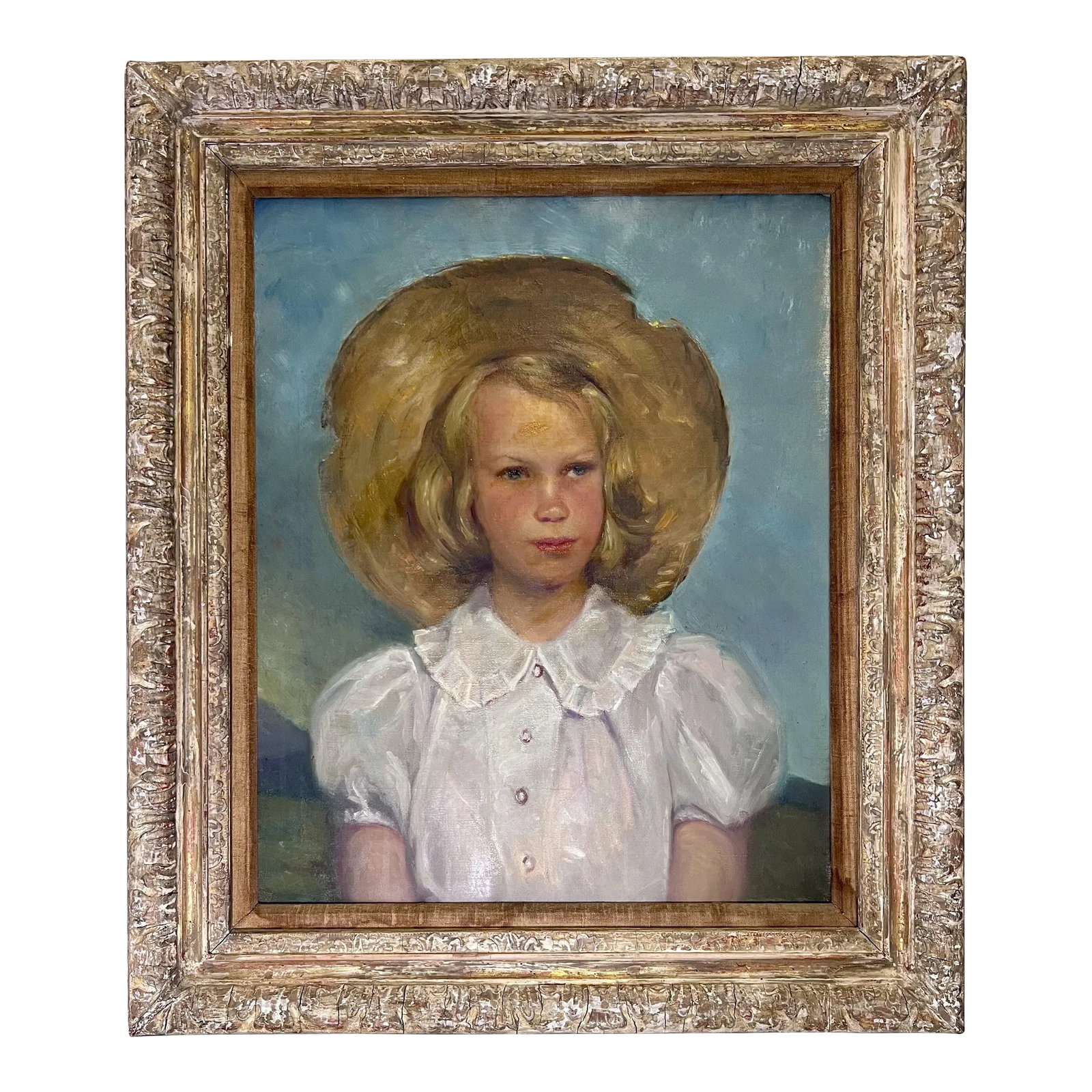 Timeless and Innocent Original Oil Painting Young Girl With Straw Hat: Original Oil portrait painting of a Young Girl with Straw Hat Martha Gilbert Jones, American (1885-1968) Dimensions: 25.25 x 29.25 with frame, 18.25 x 22.25 unframed canvas Oil on canvas Early to