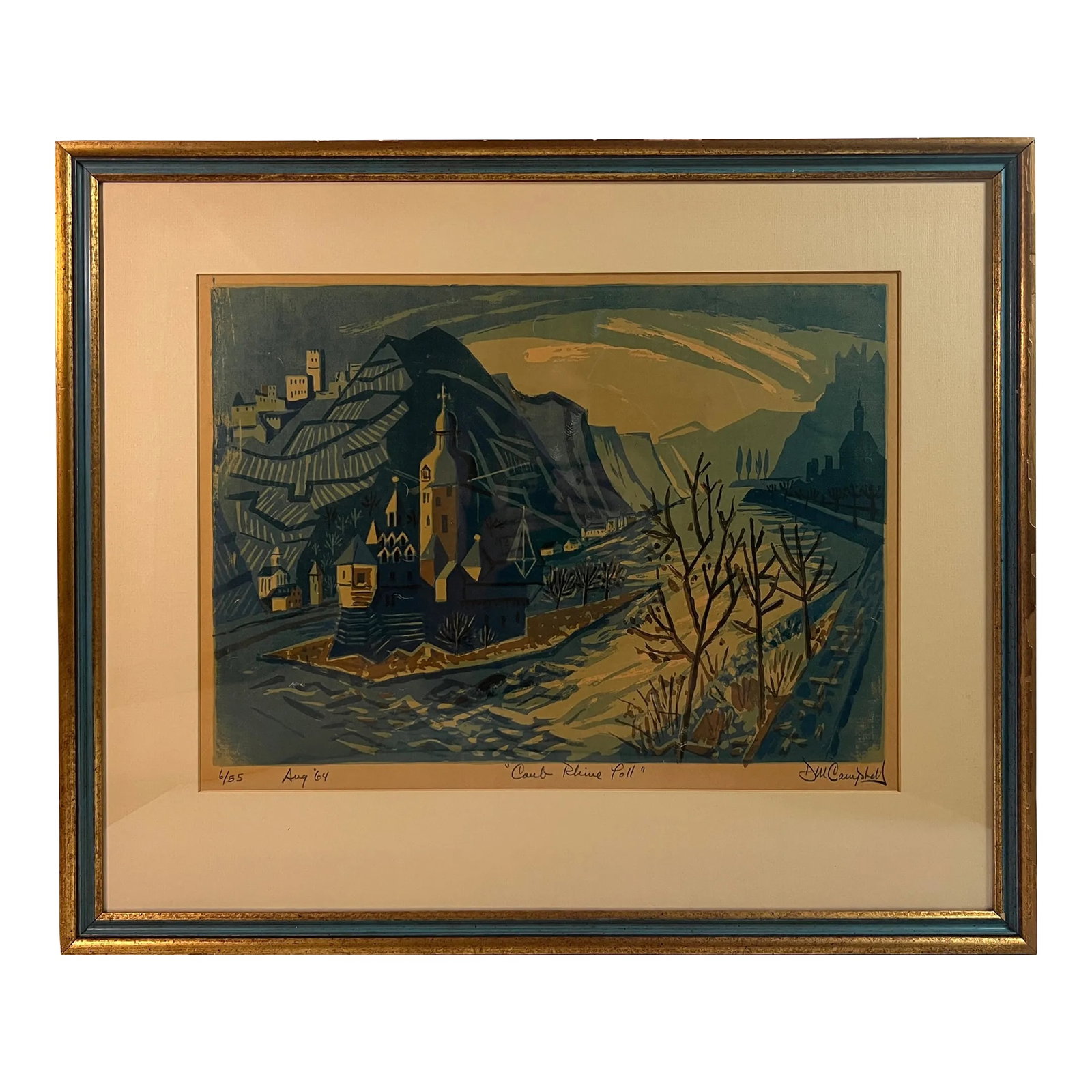 Intriguing Cubist Castle and River Scene, Signed Lithograph: Limited edition lithograph of Pfalzgrafenstin Castle near Caub on the Rhine River, by D. Campbell. Edition 6/85 The original painting has cubist and abstract expressionist influences. The use of