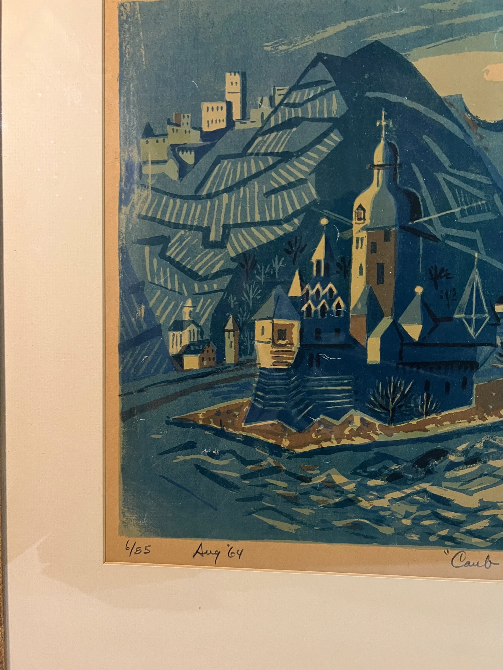 Intriguing Cubist Castle and River Scene, Signed Lithograph - 2
