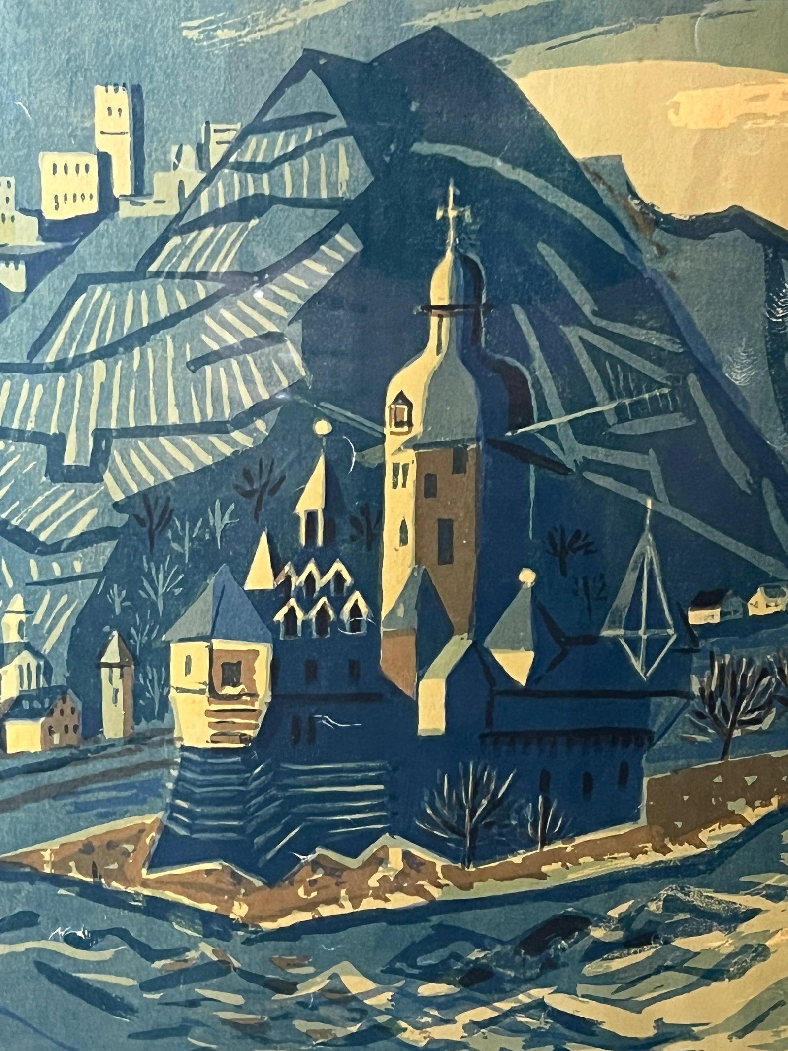 Intriguing Cubist Castle and River Scene, Signed Lithograph - 5