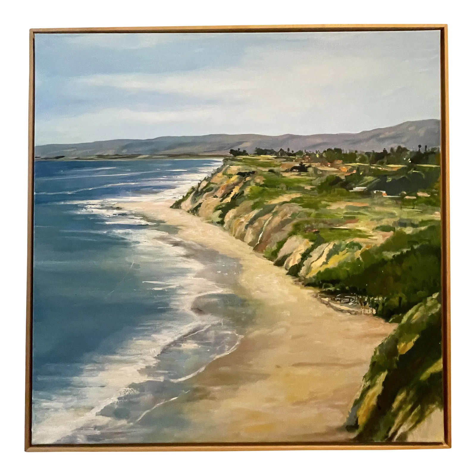 Santa Barbara Blue Seascape Painting 'Above Hendry's Beach' by Michele Zuzalek: Large ocean seascape of a beautiful Santa Barbara beach titled 'Above Hendrey's Beach' Hendry's is secluded by towering cliffs and a curving coastline. Surfers and children vie for territory as the