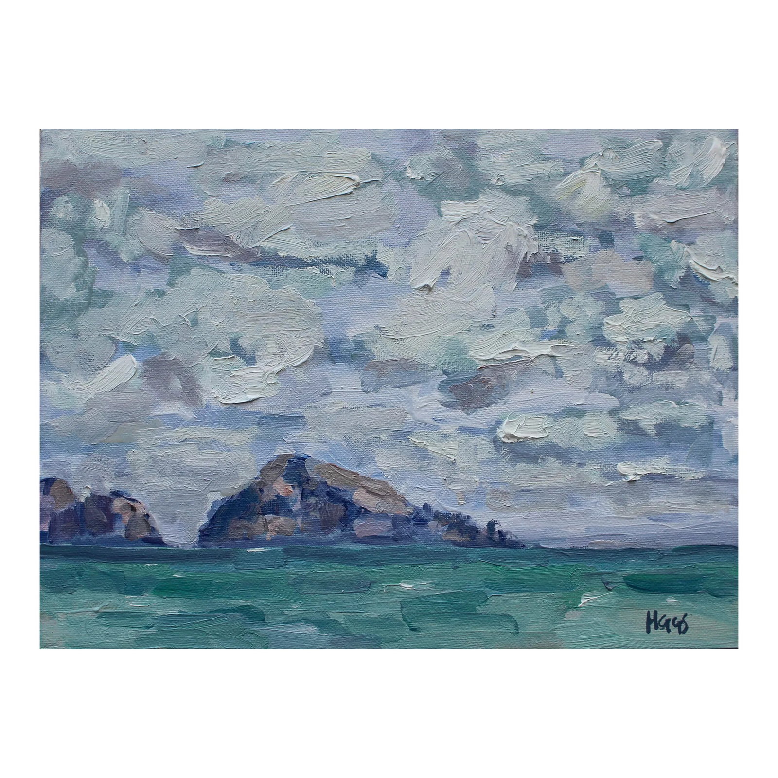 Clouds Over Turtle Island, Impressionist Oil Painting Plein Air: Quiet Places & Coastals - Clouds Over Turtle Island Original oil painting by Haas, 12 x 9 unframed on canvas panel, signed. Capture the fleeting, atmospheric beauty of the Hawaiian coast with "Clouds