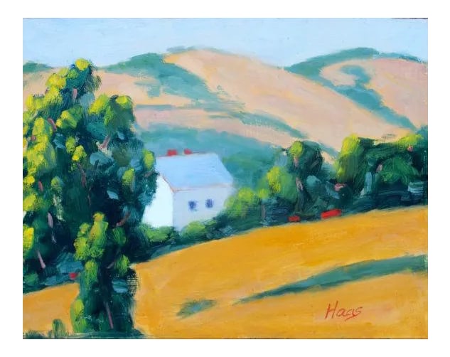 Modern California Golden Hills Oil Landscape: Quiet Places & Town Views - The Old Guard House #2, Benicia CA Original oil painting by L. Haas, 14 x 11 in unframed primed masonite panel, signed. A peaceful plein air landscape of the historic Old