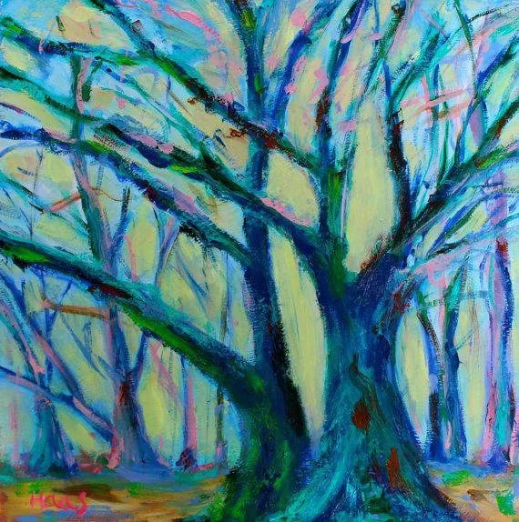 Mystery Trees, Contemporary Oil Painting: Quiet Places & Journeys - Mystery Trees Original oil painting by Haas, 12 x 12 unframed masonite, signed. A contemporary expressionist work that explores the "haunting quality" of a dense forest.