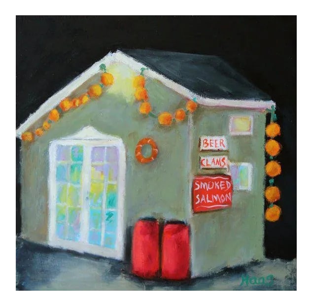 Nocturnal Fish Shack - Fort Bragg Oil Painting: Fish Shack - Noyo Harbor, Fort Bragg Painting This piece takes me back to the rugged, atmospheric charm of the Mendocino coast. There is something so evocative about the old fish shacks at Noyo