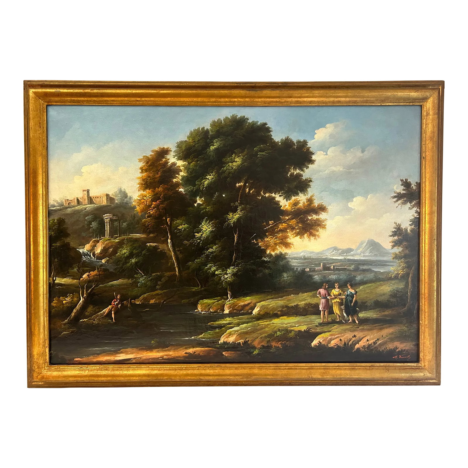 Large 19th C. Antique Flemish Classical Landscape Painting: Large early 19th century Flemish classical landscape painting. Signed illegibly. Detailed scene features a stream and figures in the foreground anchored by a large central tree. The background feature