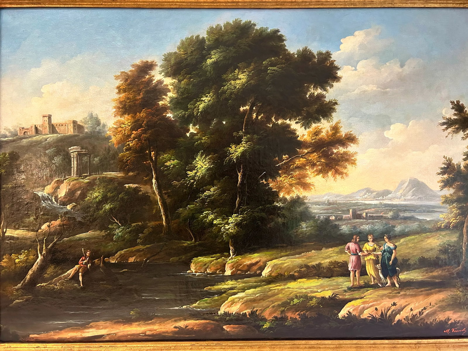 Large 19th C. Antique Flemish Classical Landscape Painting - 2