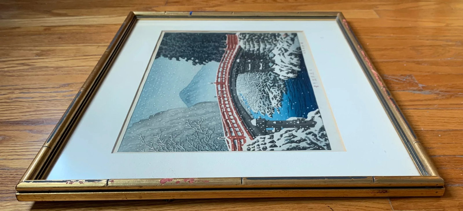 Japanese Woodblock by Hasui Kawase "Snow at Shinkyo Bridge, Nikko" - 3