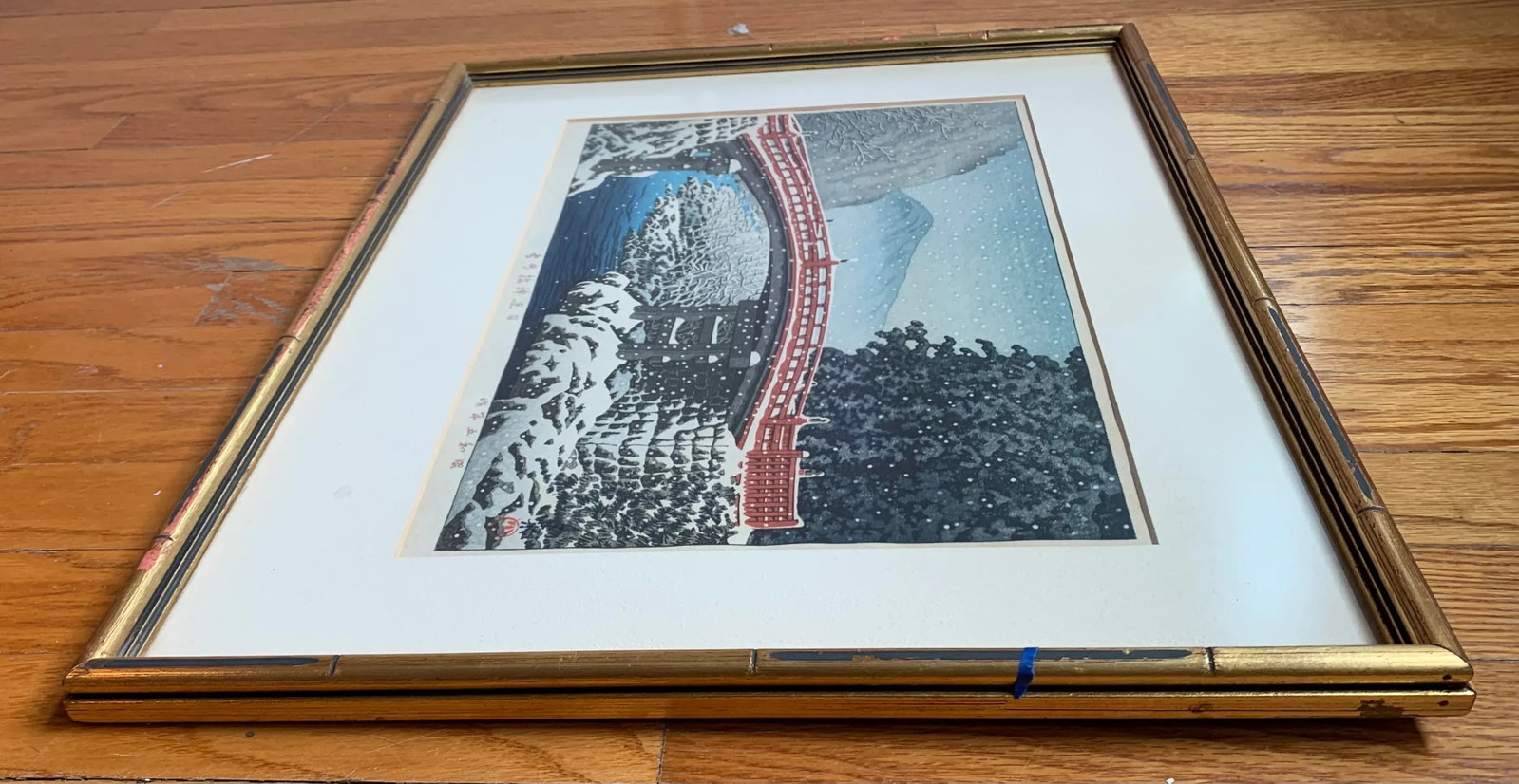 Japanese Woodblock by Hasui Kawase "Snow at Shinkyo Bridge, Nikko" - 4