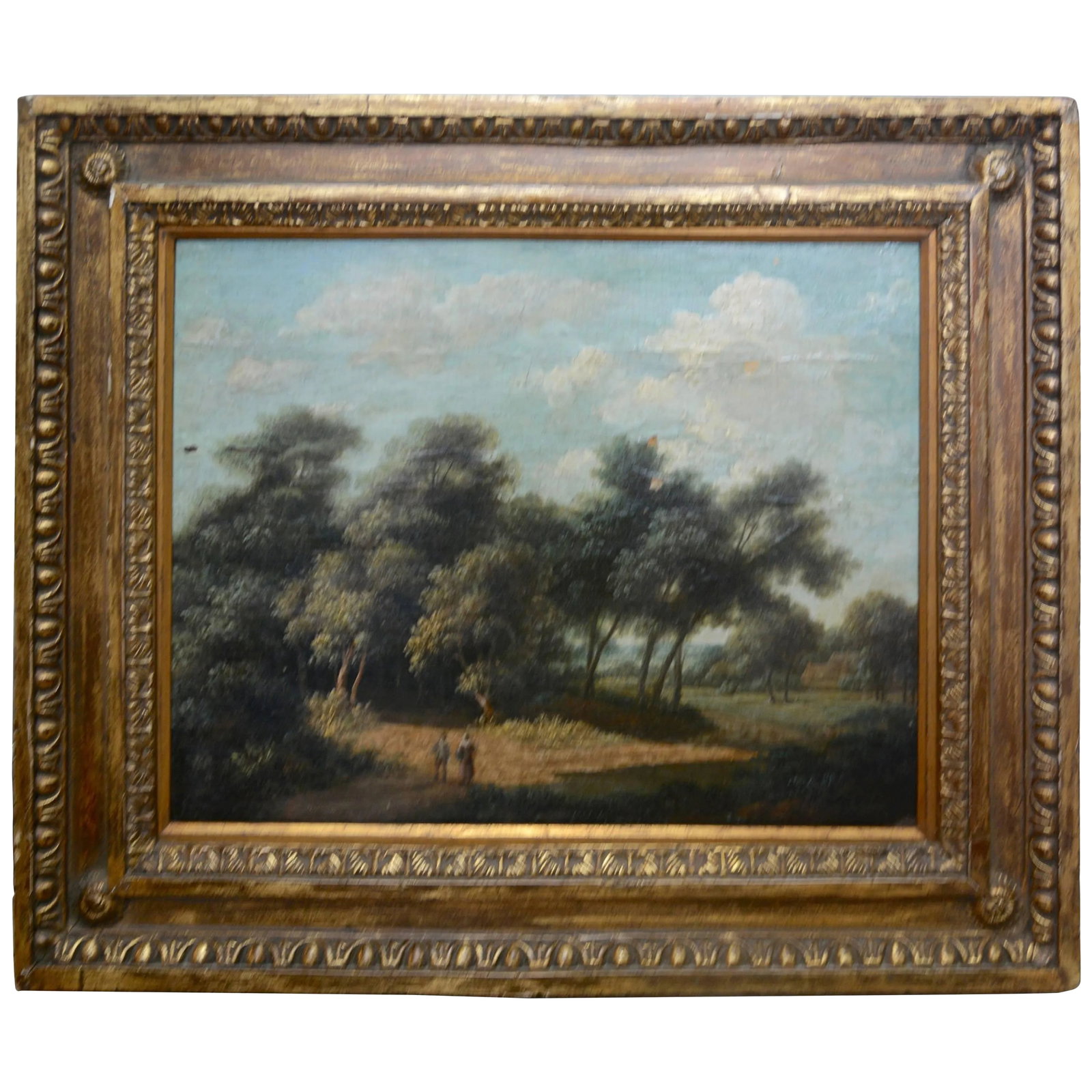 Mid-19th Century Landscape Oil on Wood Trees in the Woods by John Kensett: Majestic trees are the focal point of this oil on wood painting by American artist John Frederick Kensett (1816-1872). He was a Hudson River School painter and famous for his New England scenes. A man