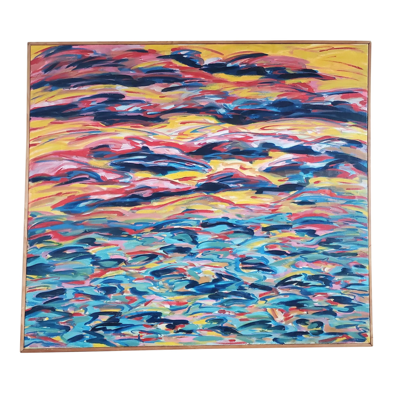 1970's "Fishscape" Large Contemporary Framed Abstract Oil Painting by Joanie Highland: 1970's "Fishscape" Large Contemporary Framed Abstract Oil Painting by Joanie Highland The name of the artwork, "Fishscape" deals with symbols of Buddhism. You will often see fishes depicted in