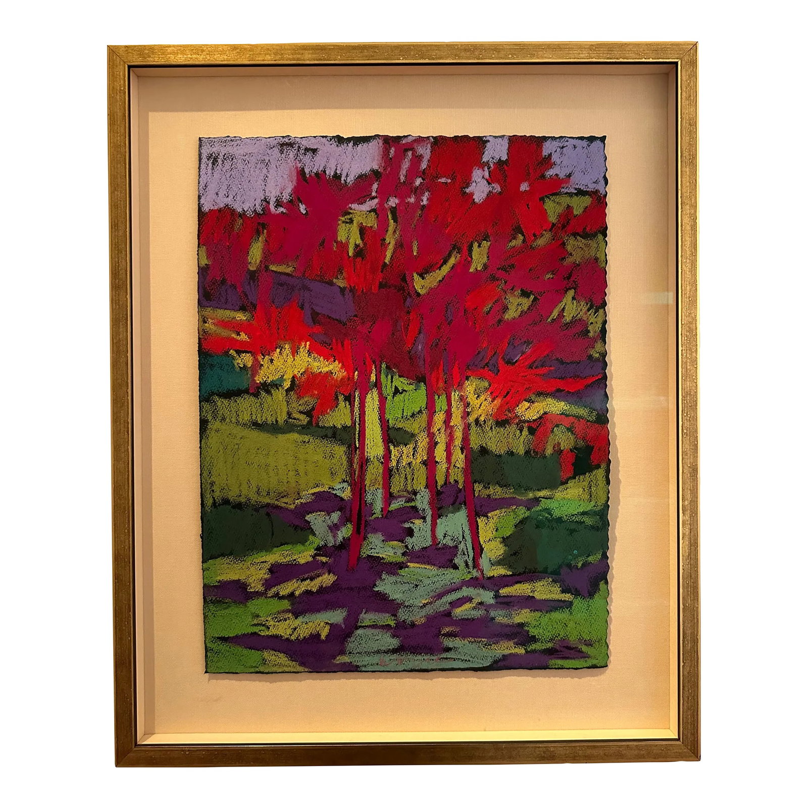 "Five at Noon" Contemporary Fauvist Landscape Pastel Drawing on Paper: "Five at Noon" by Marshall Noice is a pastel on paper. This colorful image of trees is typical of Mr. Noice's work who works in several media. The painting is signed on the bottom. Condition: