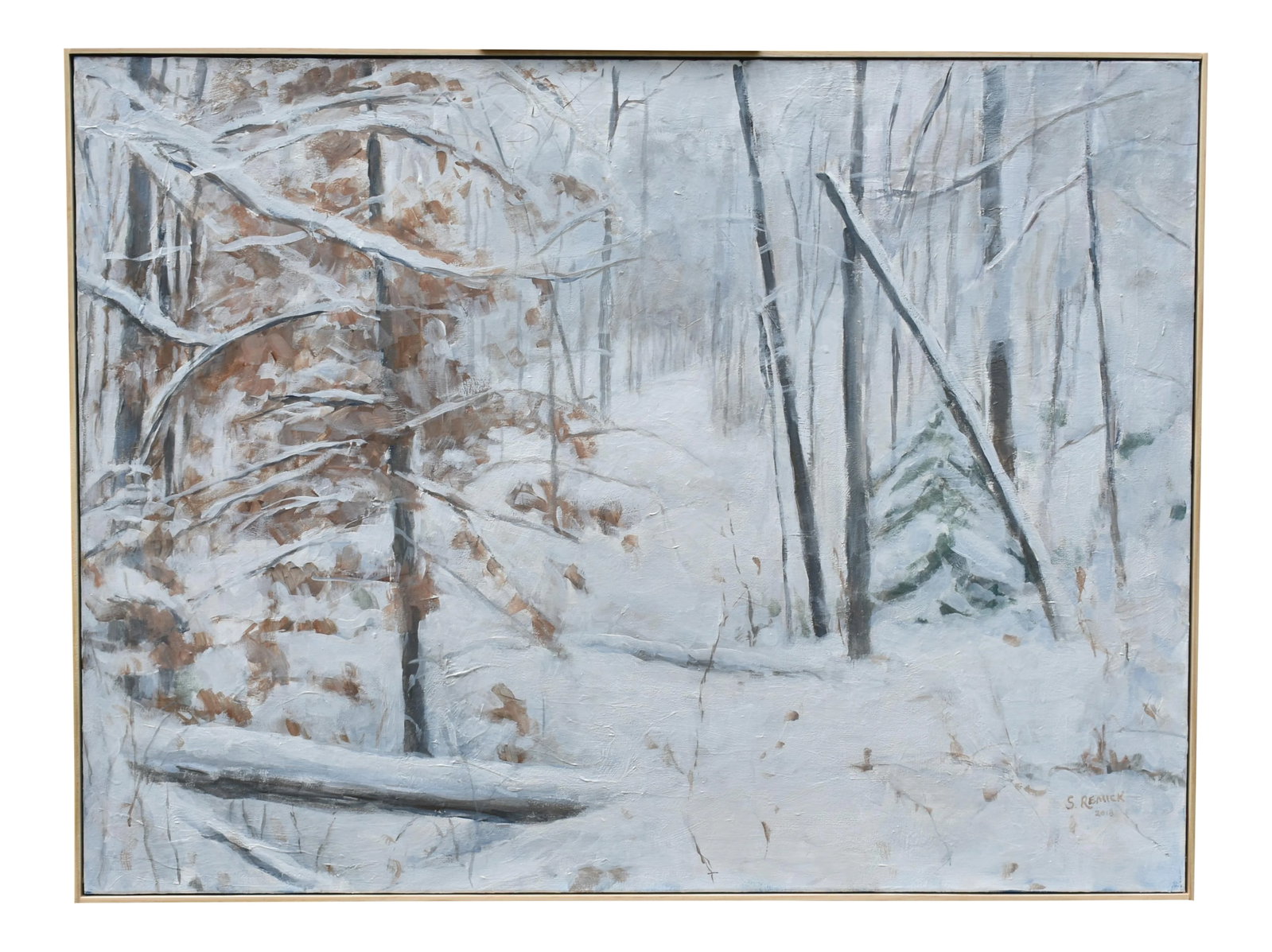"Walking in a Vermont Snowstorm" Contemporary Painting by Stephen Remick: Solitude on a mountain in Vermont. This is professional grade acrylic on canvas and measures 30" high by 40" wide. It's framed with a simple wood lattice strip, as shown in the detail photos. It's