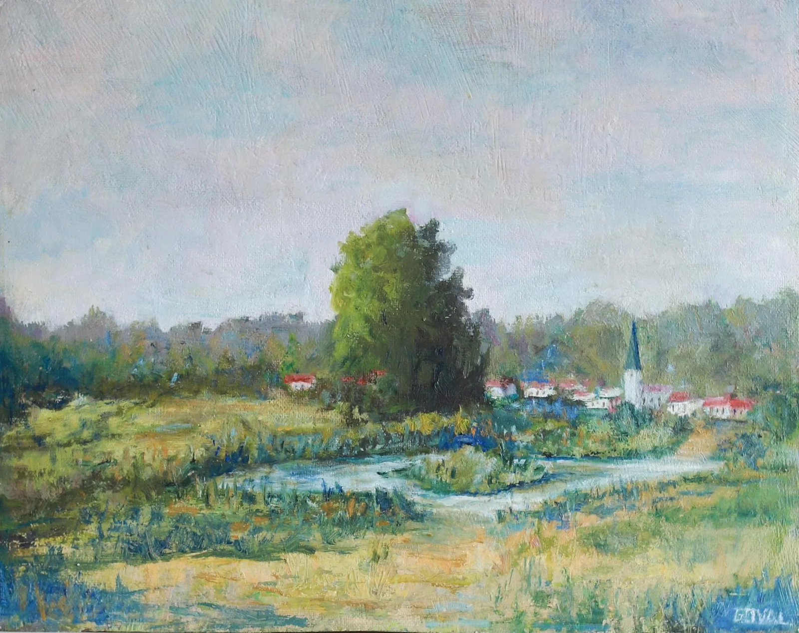 Vintage Impressionist Style European Landscape Painting (Belgium), Signed Goval: This beautiful piece is a vintage European landscape painting, done in the Impressionist style. This original artwork was acquired in Brussels, Belgium, and features a cheerful color palette. It